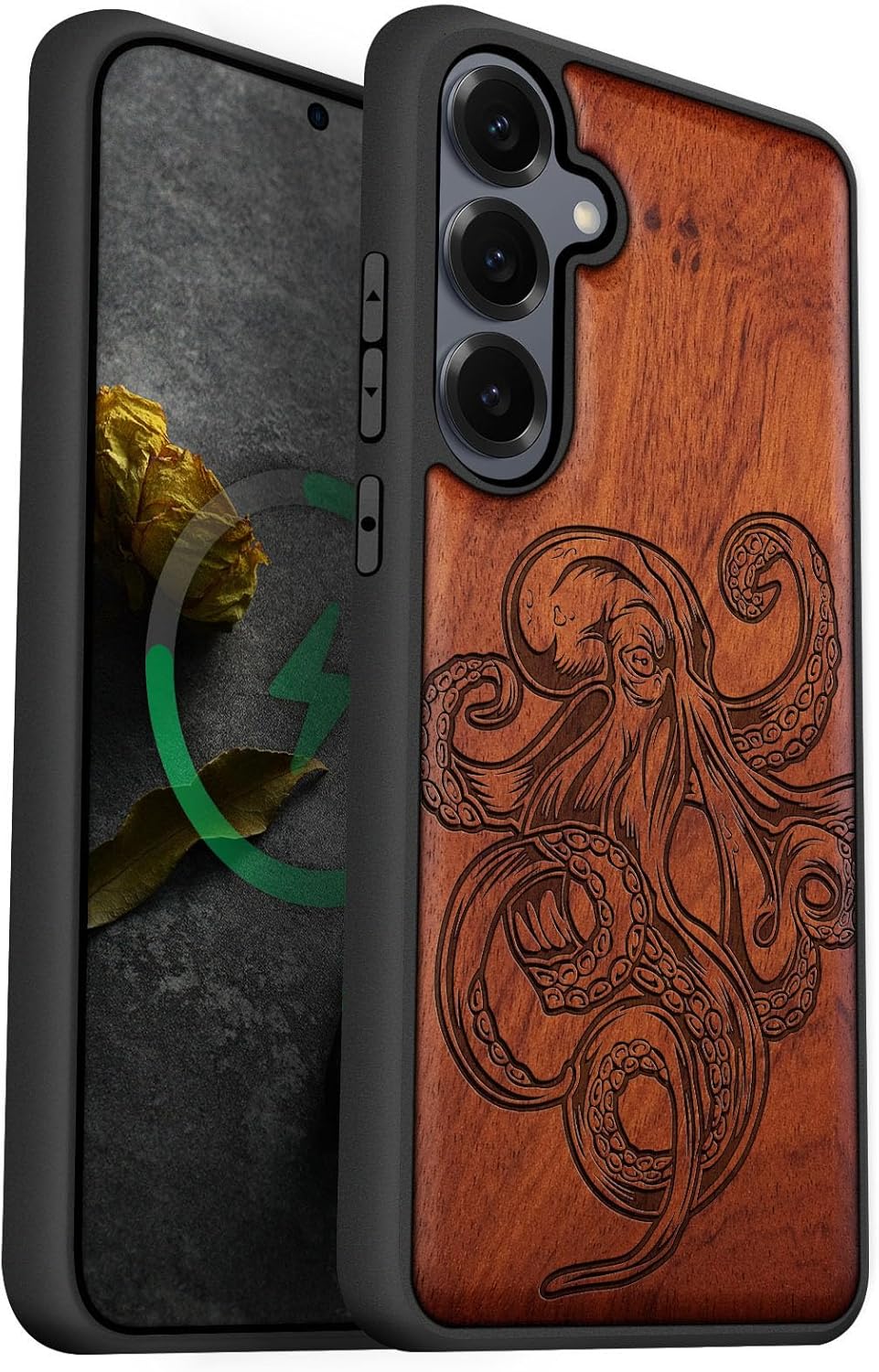 Carveit Magnetic Wooden Case for Galaxy S25+ Samsung S25 Plus Case, TPU Shockproof Cover & Wood Engraved, Compatible with MagSafe Wireless Chargers (Gadsden and American Flag) Blackwood