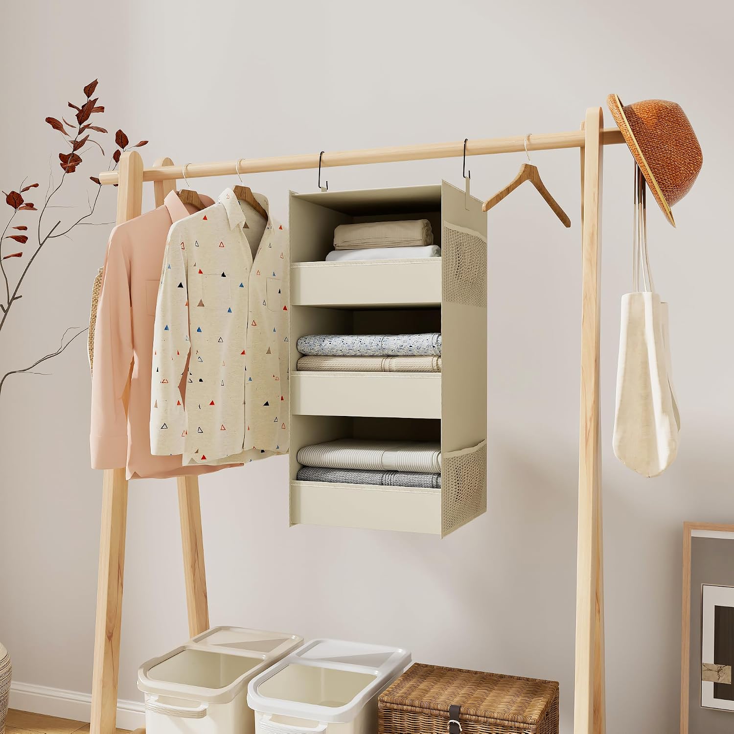 3-Shelf Hanging Closet Organizer, Washable Foldable Storage Shelves, Beige image 2