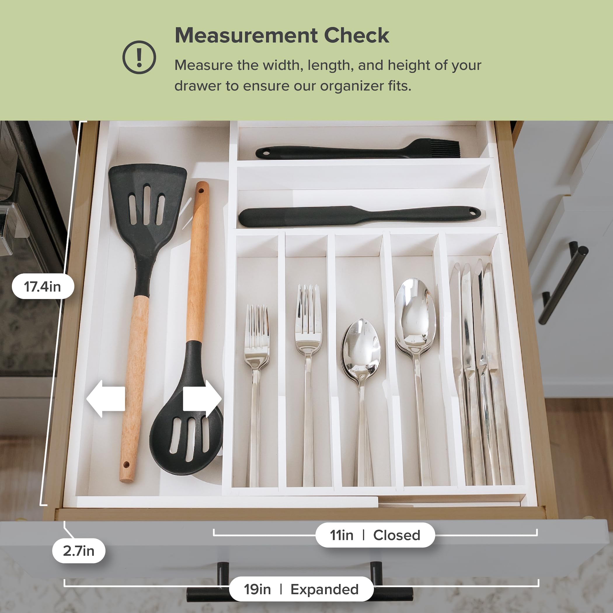 KitchenEdge Organizer do szuflad kuchennych na srebra, sztućce i przybory, jakość premium, bezpieczny w kontakcie z żywnością, z możliwością rozszerzenia od 26,7 do 48,3 cm, biały bambus