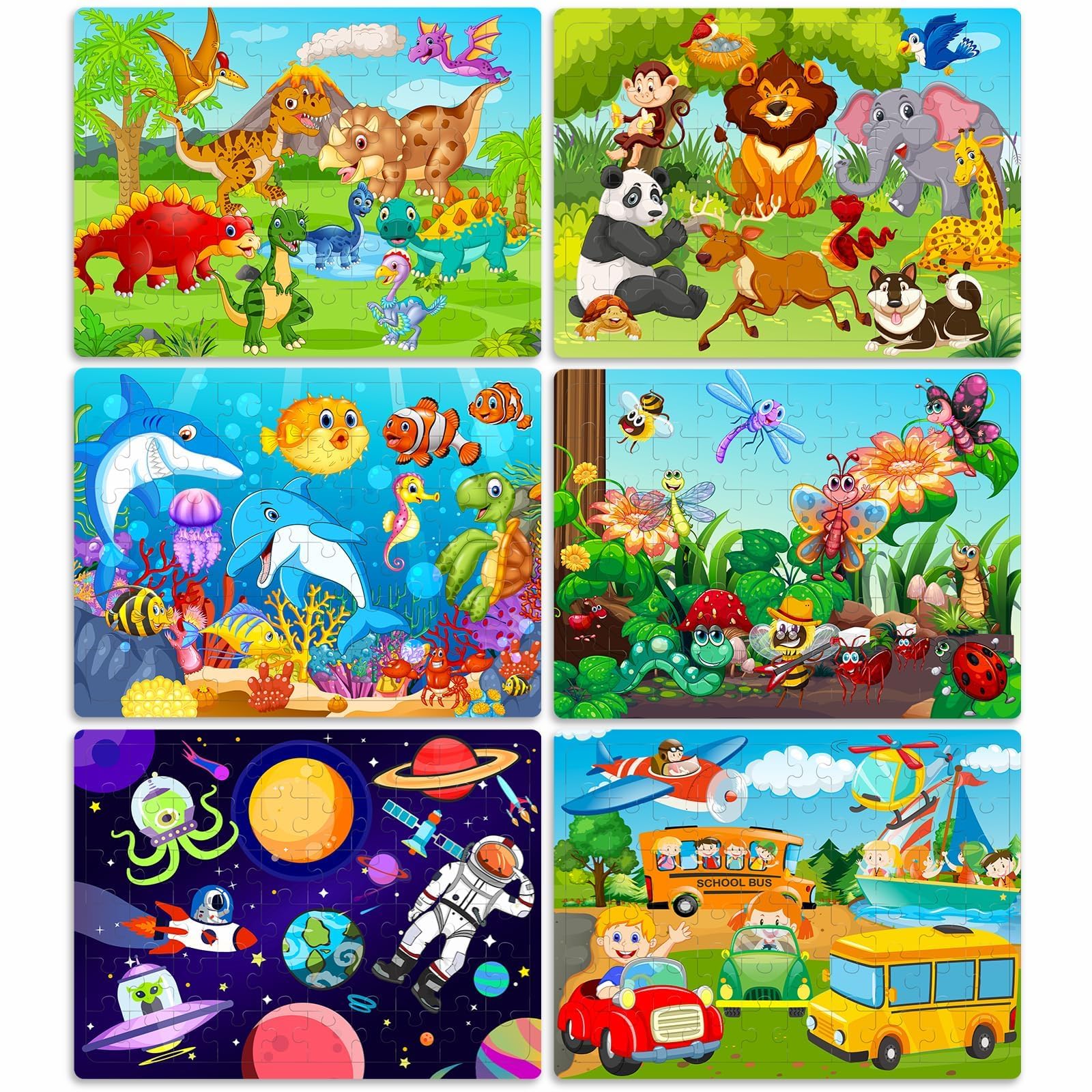 Roberly Wooden Puzzles for Kids Ages 4-8, 60 Pieces Jigsaw for Kids 3 4 5 6 7 8 Preschool Learning Educational Puzzle Toys Set for Boys Girls - Dinosaur, Ocean, Animal, Insect, Space, Vehicles