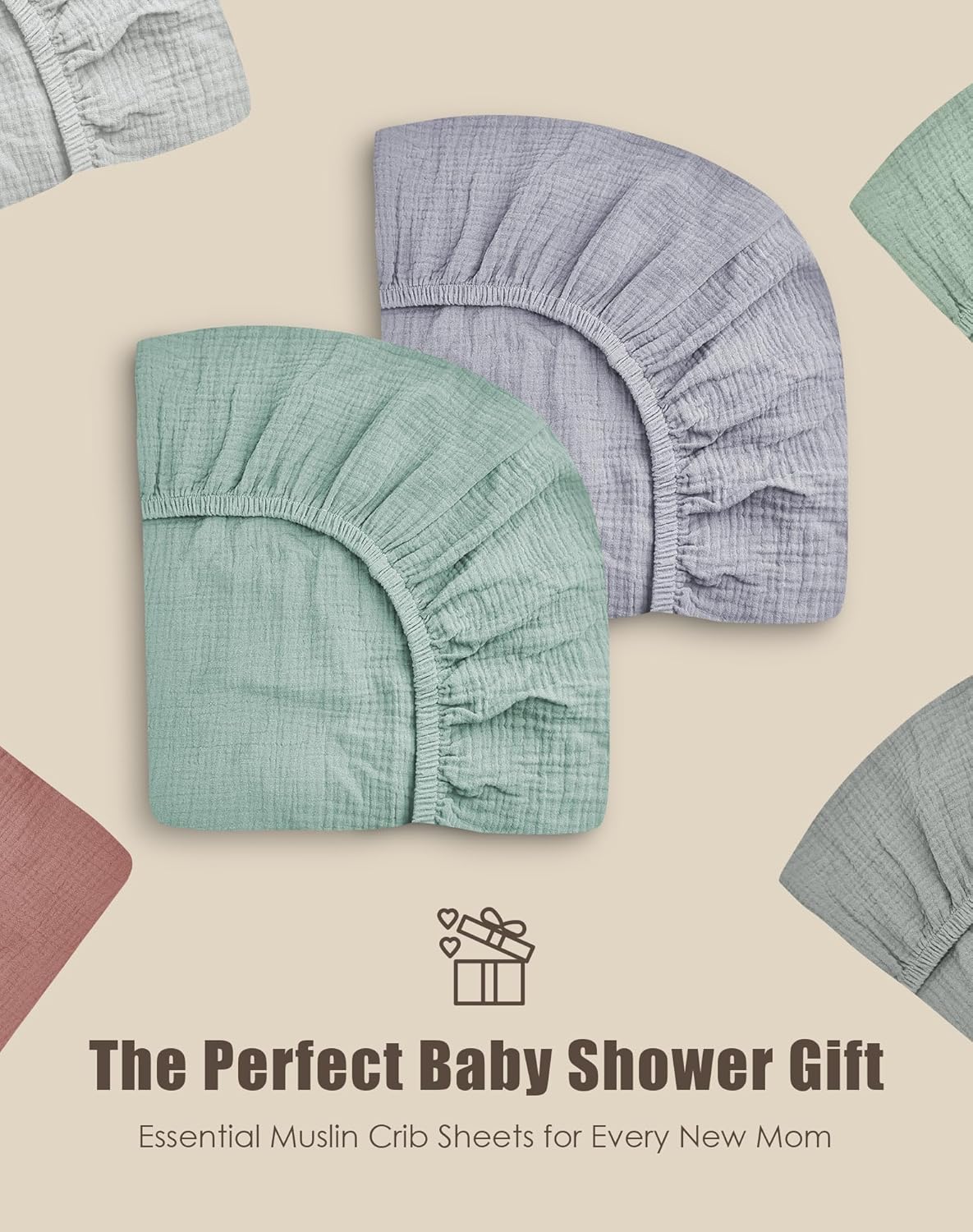 SWEET DOLPHIN 2-Pack Muslin Crib Sheets for Boys & Girls, Ultra Soft Breathable 40S Long-Staple Cotton Fitted Baby Sheets for Standard Crib Mattress 52"x28", Green and Grey- Nursery Essentials