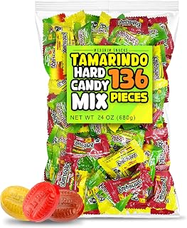 Mexgrim Mexican Hard Candy Variety Bulk Pack with 136 Tamarindo Hardcandy, Dulces Mexicanos, Individually Wrapped Candies, Piñata Candy, Mix Flavors: Mango, Tamarind, Watermelon & Spicy Chamoy