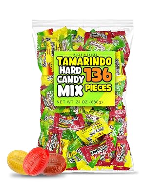 Mexgrim Mexican Hard Candy Variety Bulk Pack with 136 Tamarindo Hardcandy, Dulces Mexicanos, Individually Wrapped Candies, Pinata Candy, Mix Flavors Mango, Tamarind, Watermelon & Spicy Chamoy