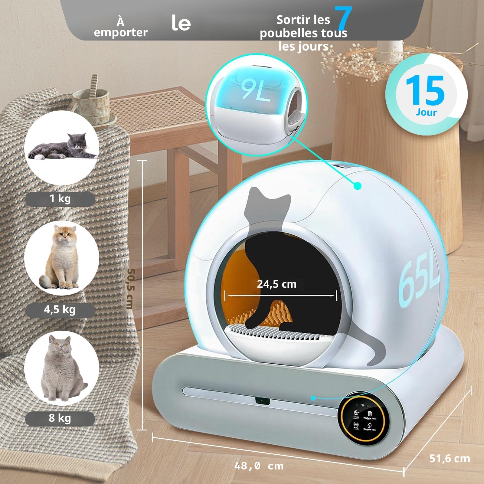 Litière pour chat autonettoyante avec protection de sécurité pour chats et chats domestiques, taille XXL, isolation des odeurs et contrôle des applications avec tapis