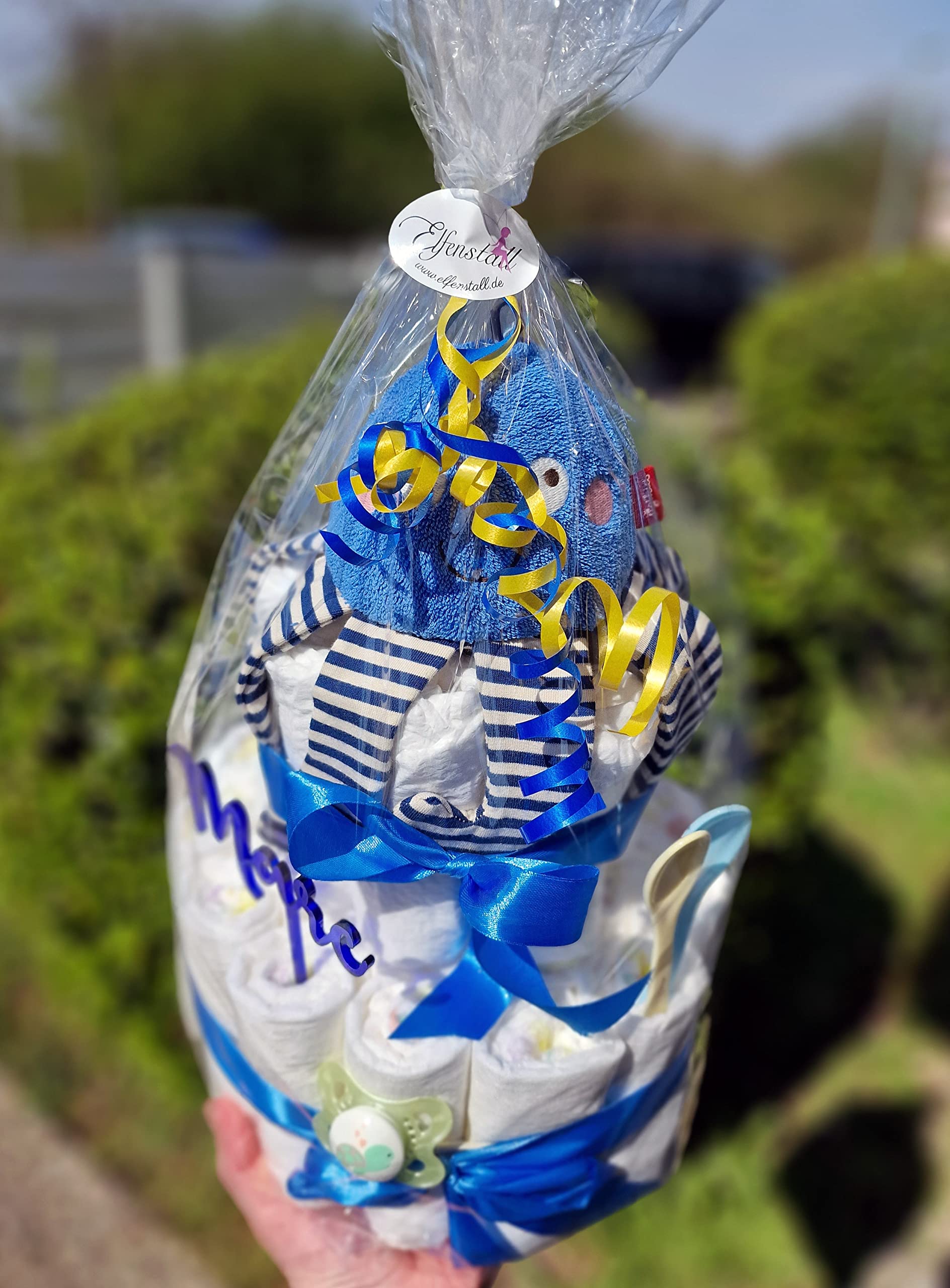 Windeltorte Pamperstorte mit Acryltopper und Schnuller als Geschenk zur Geburt oder Taufe auf Wunsch mit Namen des Babys (Oktopus)