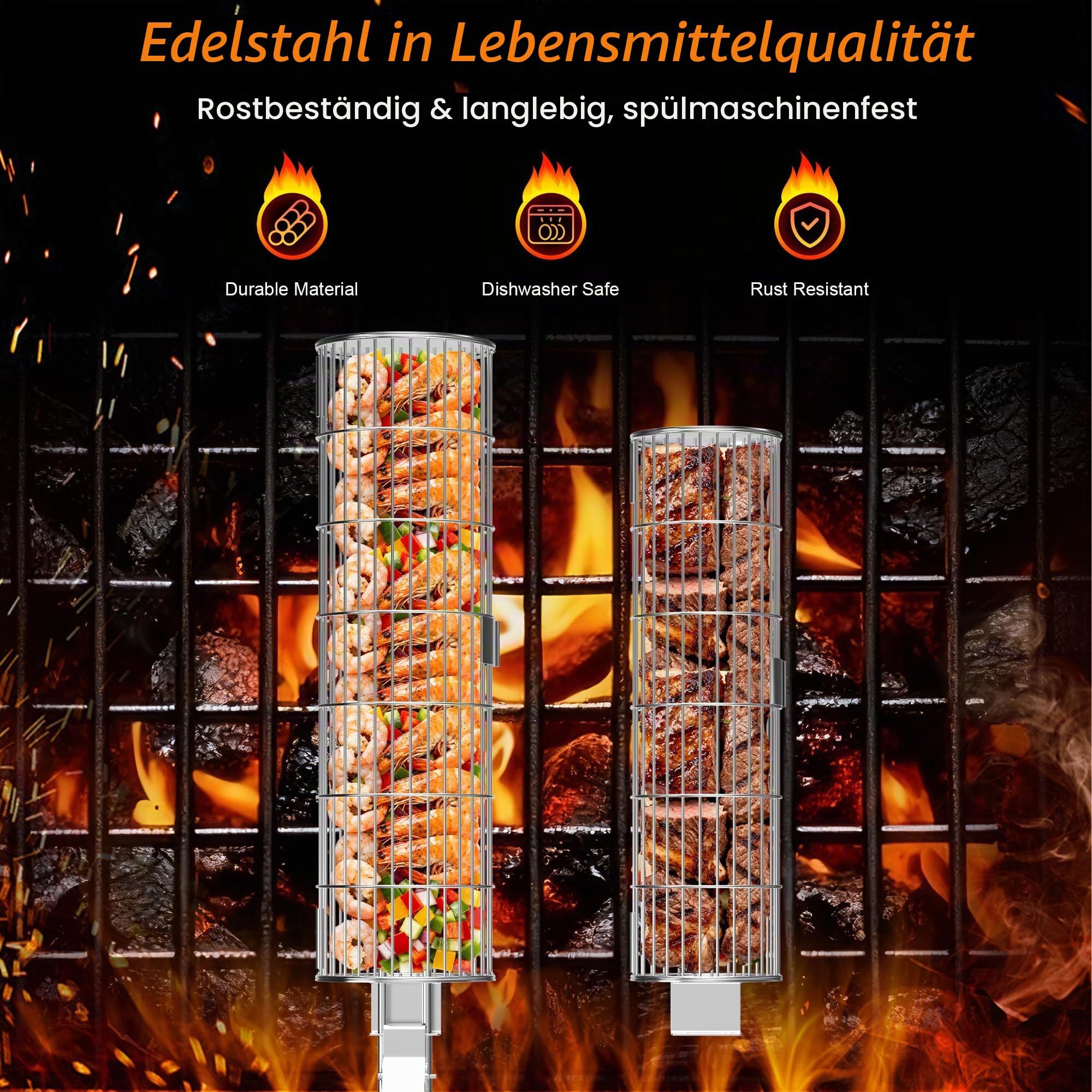 Rollender Grillkorb mit 1 Abnehmbarem Holzgriff, 2-teiliges Set Nestbar Edelstahl-Grillkörbe, Grill Zubehör Grillzubehör für Grillkorb Gemüse, Fisch, Meeresfrüchte, Geschenkidee für Männer, Väter