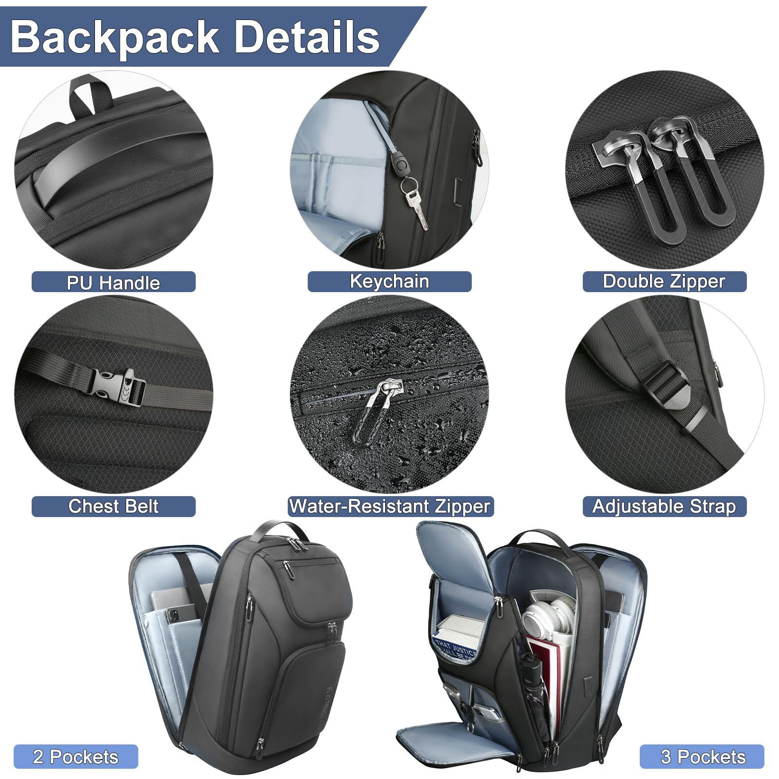 Mochila de Negocios Ordenador Portátil Laptop 17,3 Pulgadas | Grande para Hombre con Puerto USB Resistante al Agua Ultraligero Antirrobo Oficina Trabajo Viaje 30L (Negro)