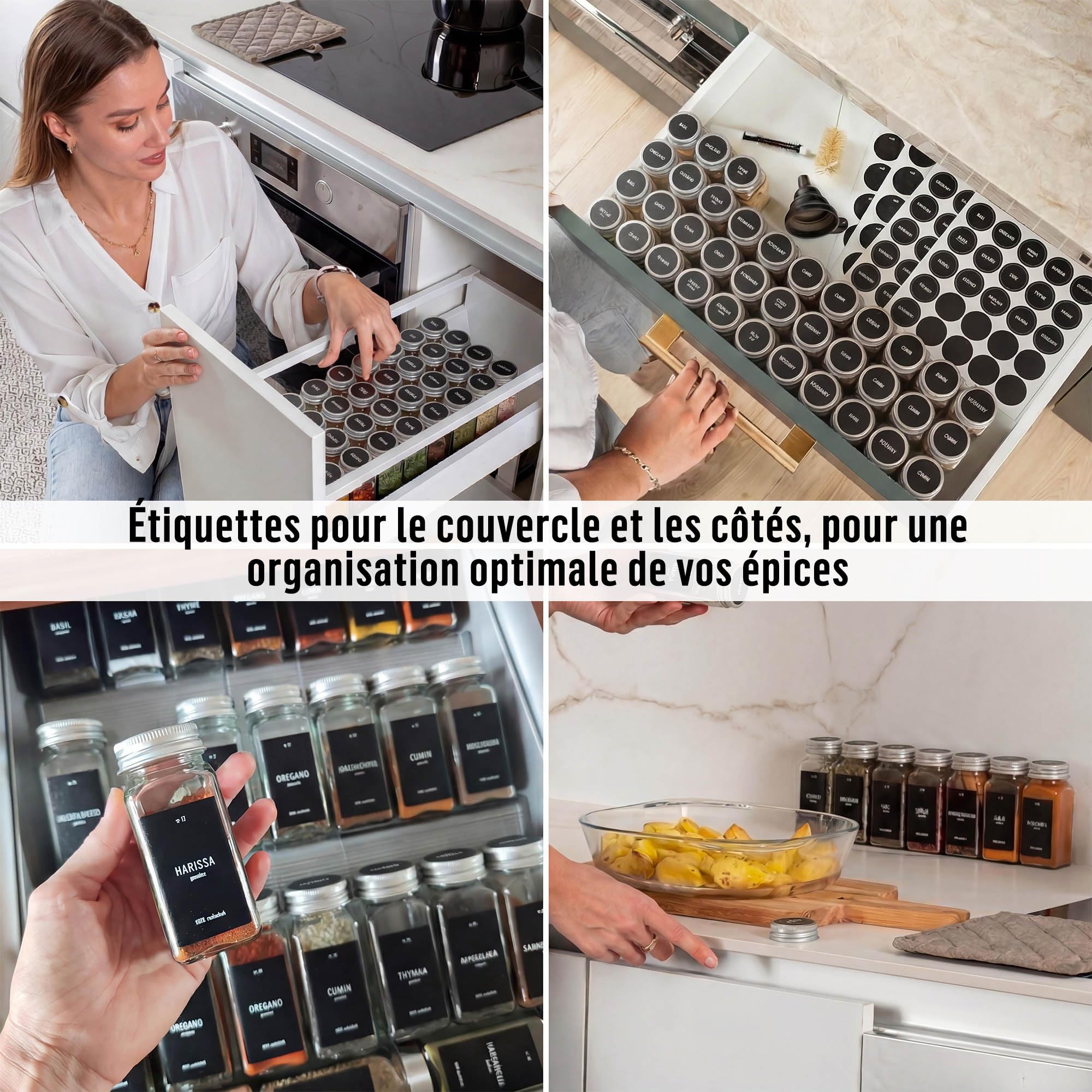 Deco haus® Lot de 36 Bocaux à Épices Carrés Hermétiques [avec Étiquettes & Saupoudreur] - Bocaux en Verre - Pot a Epices en Verre et Bois, Spice Jars - Récipients d'Épices - Pot à Epices