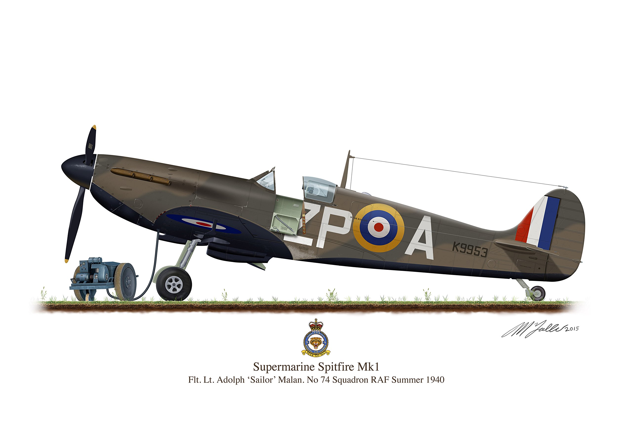 Supermarine Spitfire Battle of Britain Aircraft Plane 1940 Profile Artwork, A5 Glossy Photo Print Sailor Malan Second World War WW2 Signed
