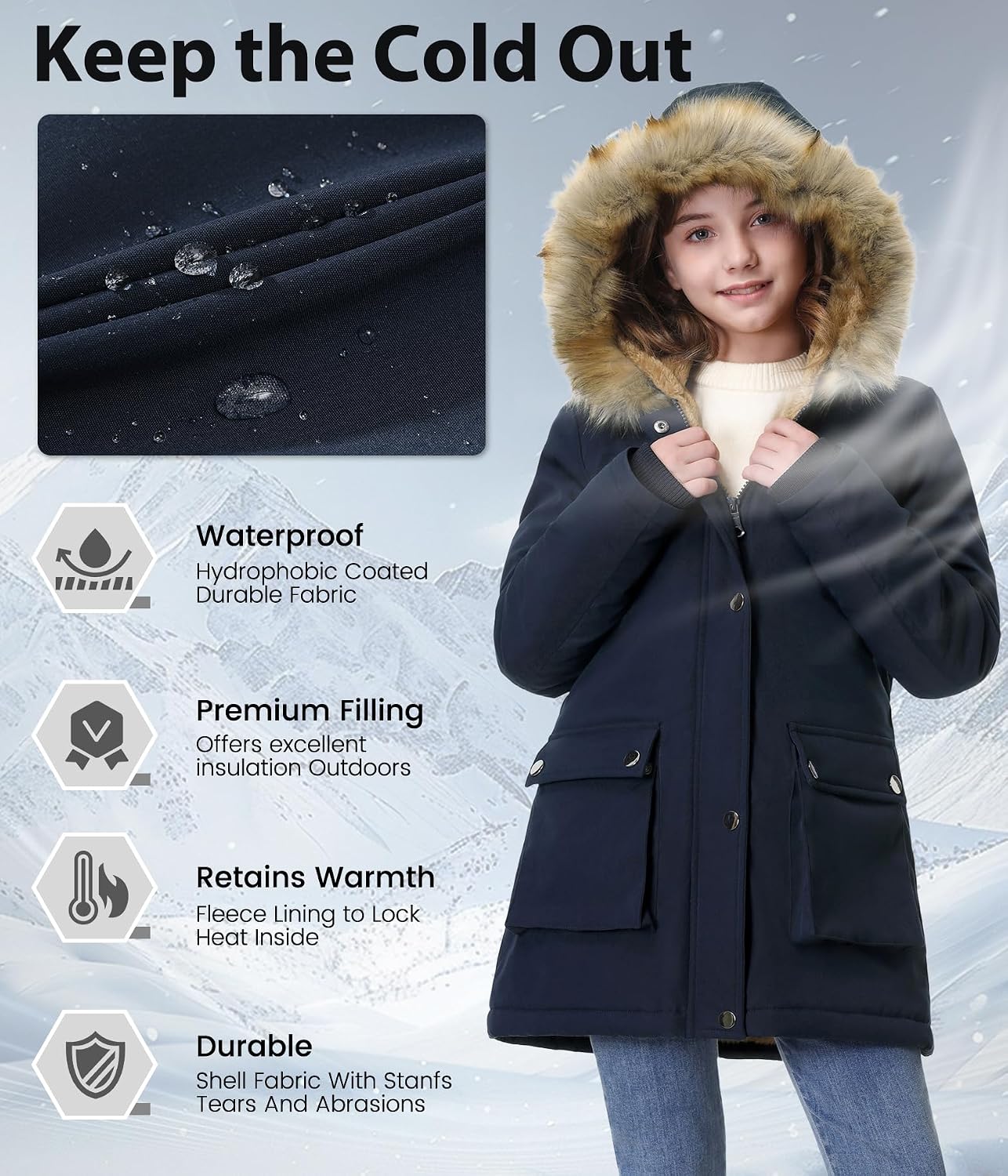 Girls' Warm Winter Coat Long Fleece Lined Puffer Jacket with Hood | Thicken Warm Parka, Removable Faux Fur Trim, Durable, Windproof, Machine Washable Kid Outerwear, School, Camp, Daily Wear