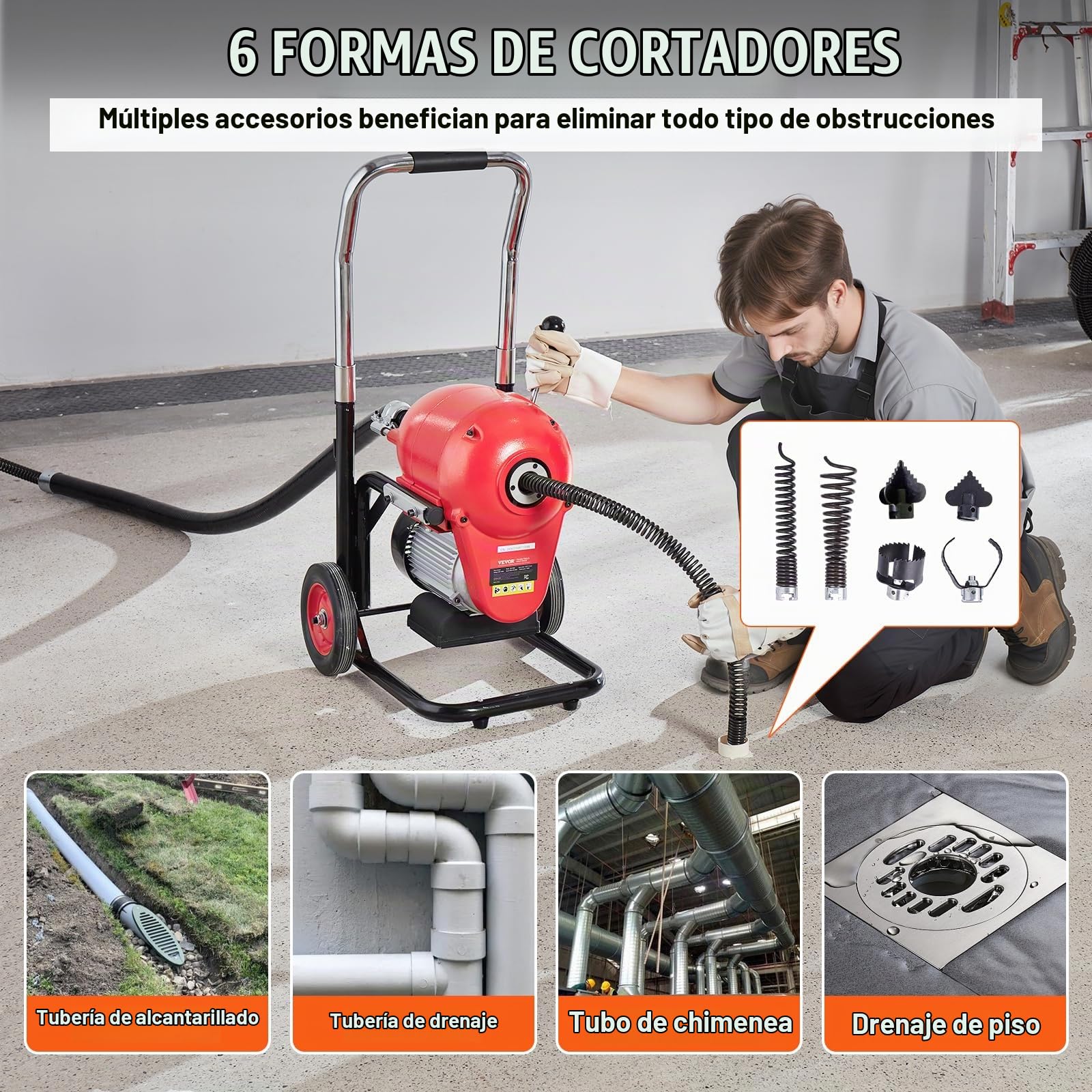 VEVOR Desbloqueador de Tuberías Eléctrico 1100 W Máquina de Limpieza de Tuberías 36,6 m x 3 cm Limpiador Manual de Tubos de Drenaje con 6 Cortadores, Control CW/CCW para Tuberías de 10-20,3 cm