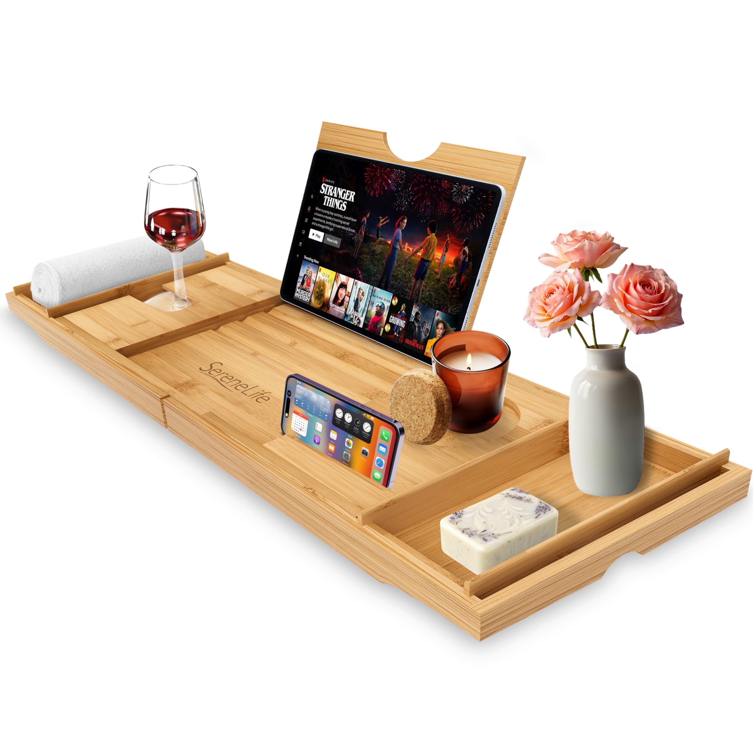 SereneLife Bath Caddy Breakfast Tray Combo, Natural Bamboo Wood Waterproof Bathtub Caddy and Bed Tray with Folding Slide-Out Arms, Spa Trays and Soap Box, Smartphone Holder