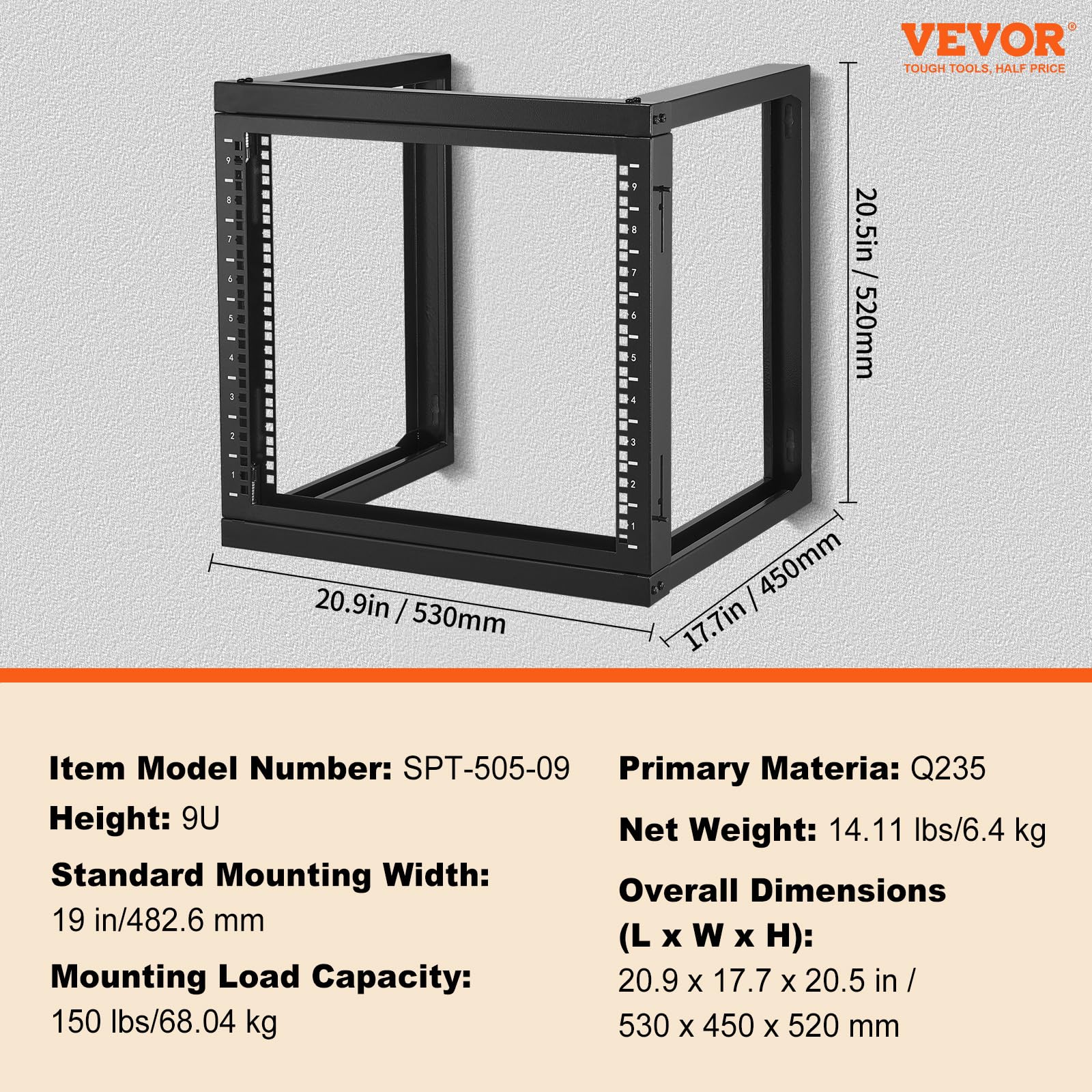 VEVOR Mensola server da Parete 9U, Telaio per Server di Rete Carico max. 68kg ca. 530x450x520 mm, Supporto per Router Rete Apparecchiature IT da Muro Salvaspazio