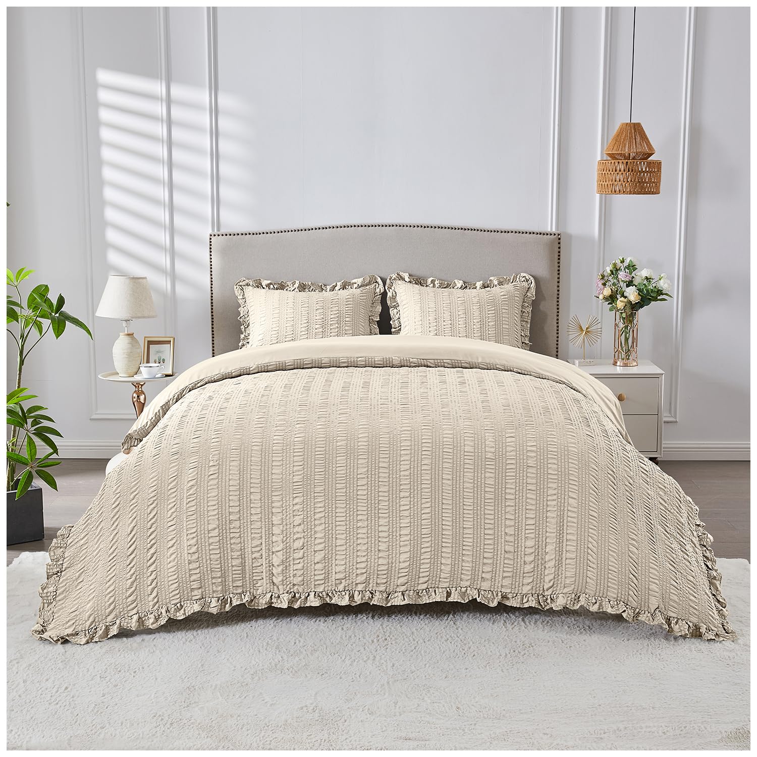 GC GAVENO CAVAILIA Embossed Bedding Sets King Size Duvet Cover Pillowcases - 3Piece Kingsize Duvet Cover Sets With Button Closure - Super Soft Breathable & Hypoallergenic Comforter Cover, Bone