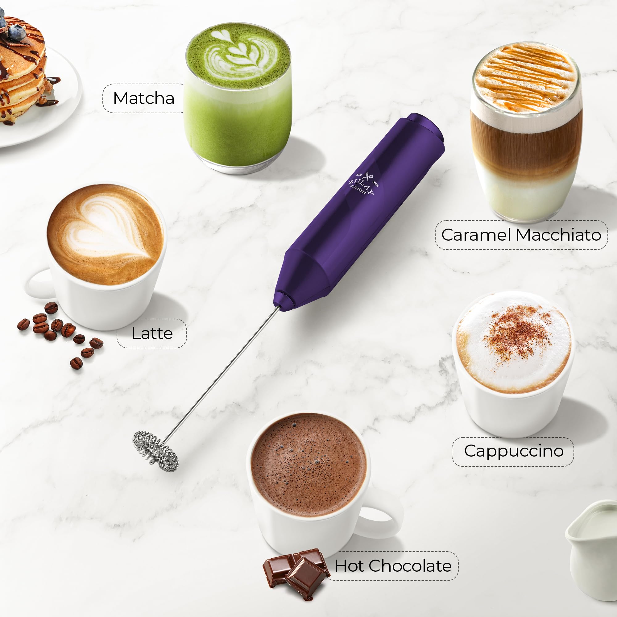 Zulay Kitchen Powerful Milk Frother Wand - Mini Milk Frother Handheld Stainless Steel - Battery Operated Drink Mixer for Coffee, Lattes, Cappuccino, Matcha - Froth Mate Milk Frother Gift, Deep Purple