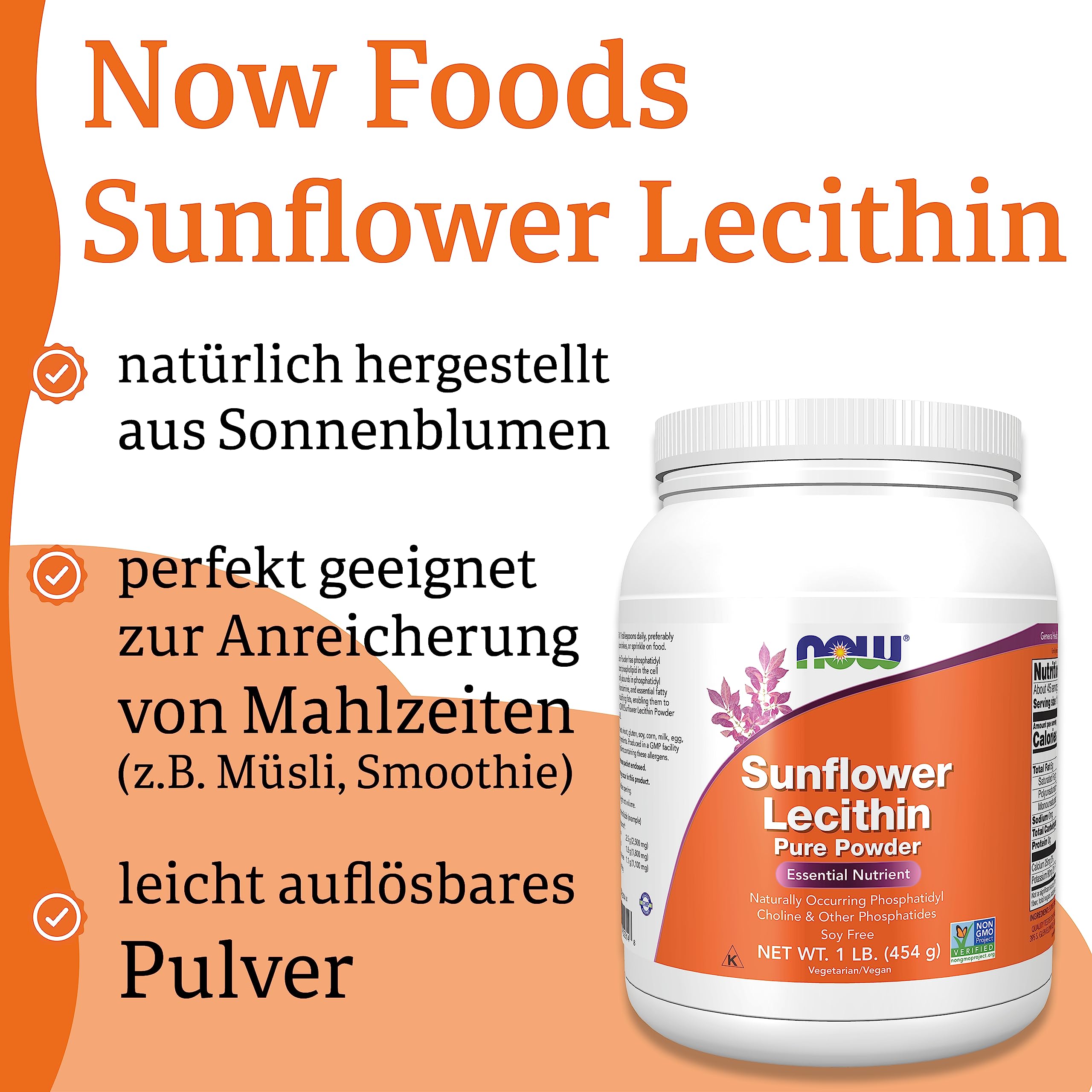 Now Foods, Sunflower Lecithin (Sonnenblumen Lecithin), Reines veganes Pulver, 454 g, Laborgeprüft, Glutenfrei, Sojafrei, Vegetarisch