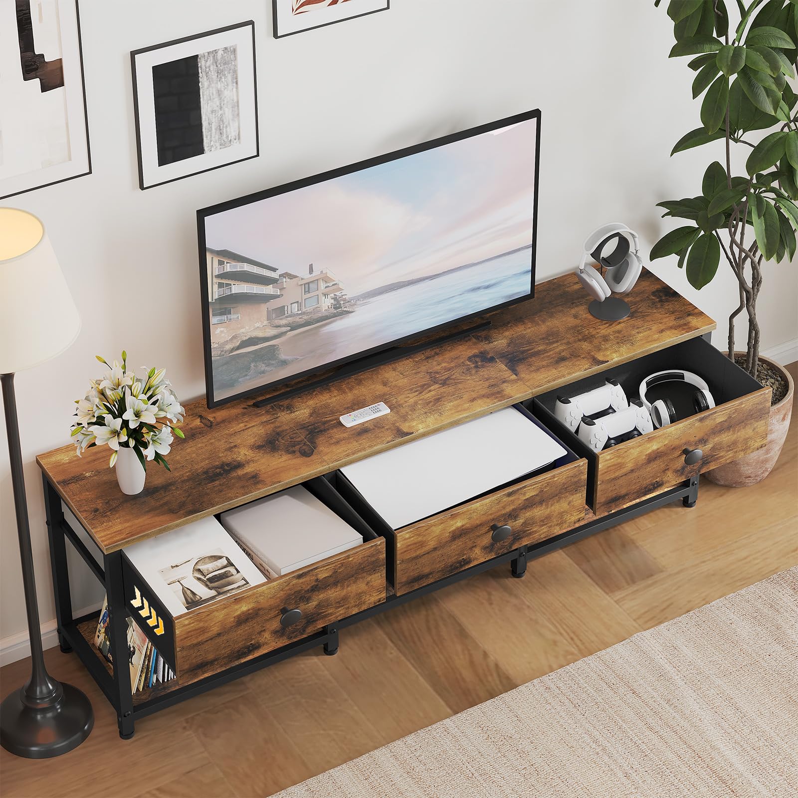 YATINEY Mueble para TV de hasta 50 Pulgadas, Mueble TV con 3 Cajones, Mueble Multimedia de Estilo Industrial de 120 cm de Longitud, para Salón, Dormitorio o Despacho, Marrón Vintage y Negro XDS12BR
