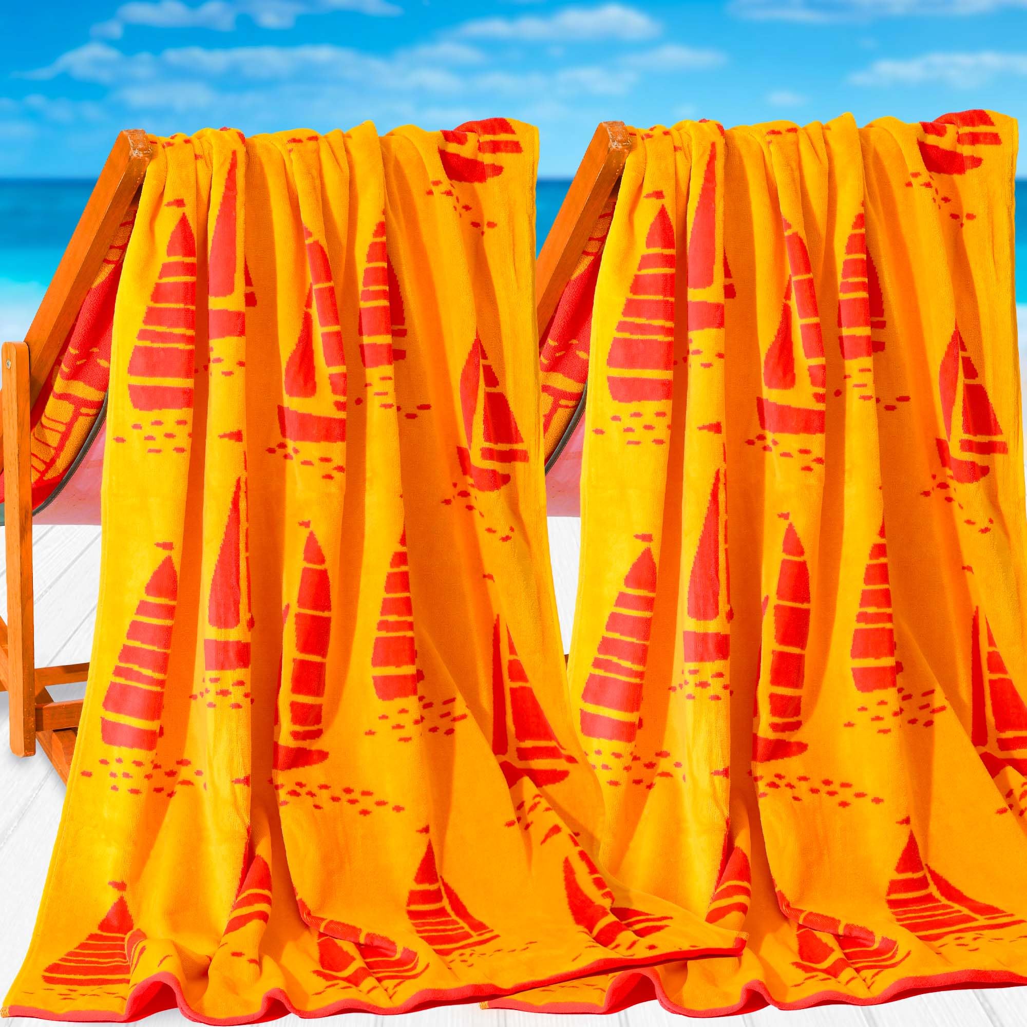 VOOVA & MOVAS 2PC Large Thick Cotton Beach Towels - 40"X75" 650GSM, Jacquard, Pool Towels for Men and Women - Soft and Absorbent Swim Bath Sheets - Boat Design