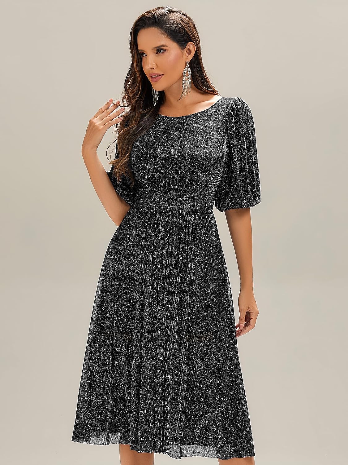 Ever-Pretty Women’s Glitter High Stretch Round Neck Midi Spring Summer Semi Formal Dresses Cocktail Wedding Guest Dress 02561