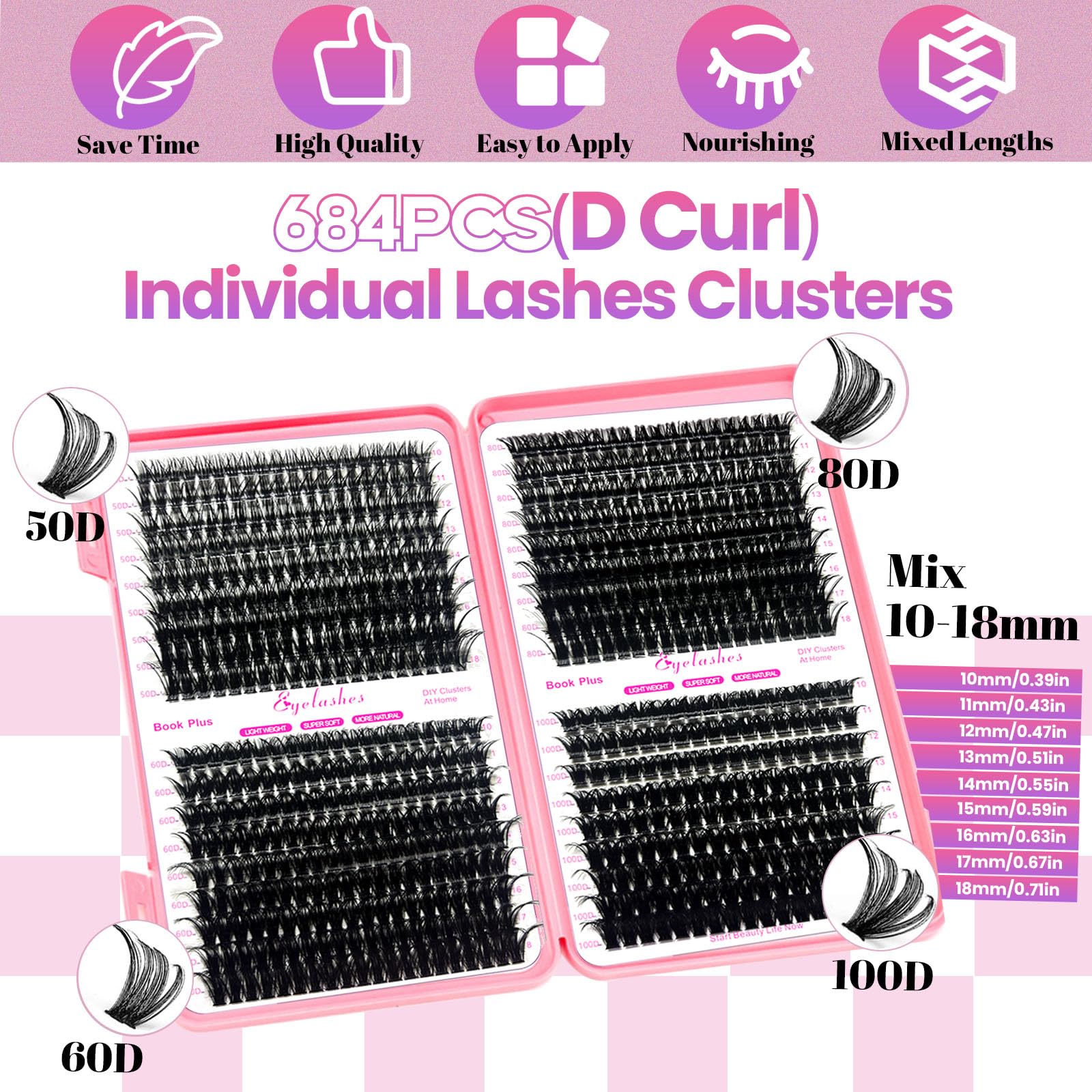 Qiveaory DIY Lash Extension Kit 684pcs Individual Lashes Clusters D Curl Eyelash Extension Kit with Lash Bond and Seal,Eyelash Remover Tweezers Brush(10-18mm,50D+60D+80D+100D) Lash Books DIY at Home - Image 2