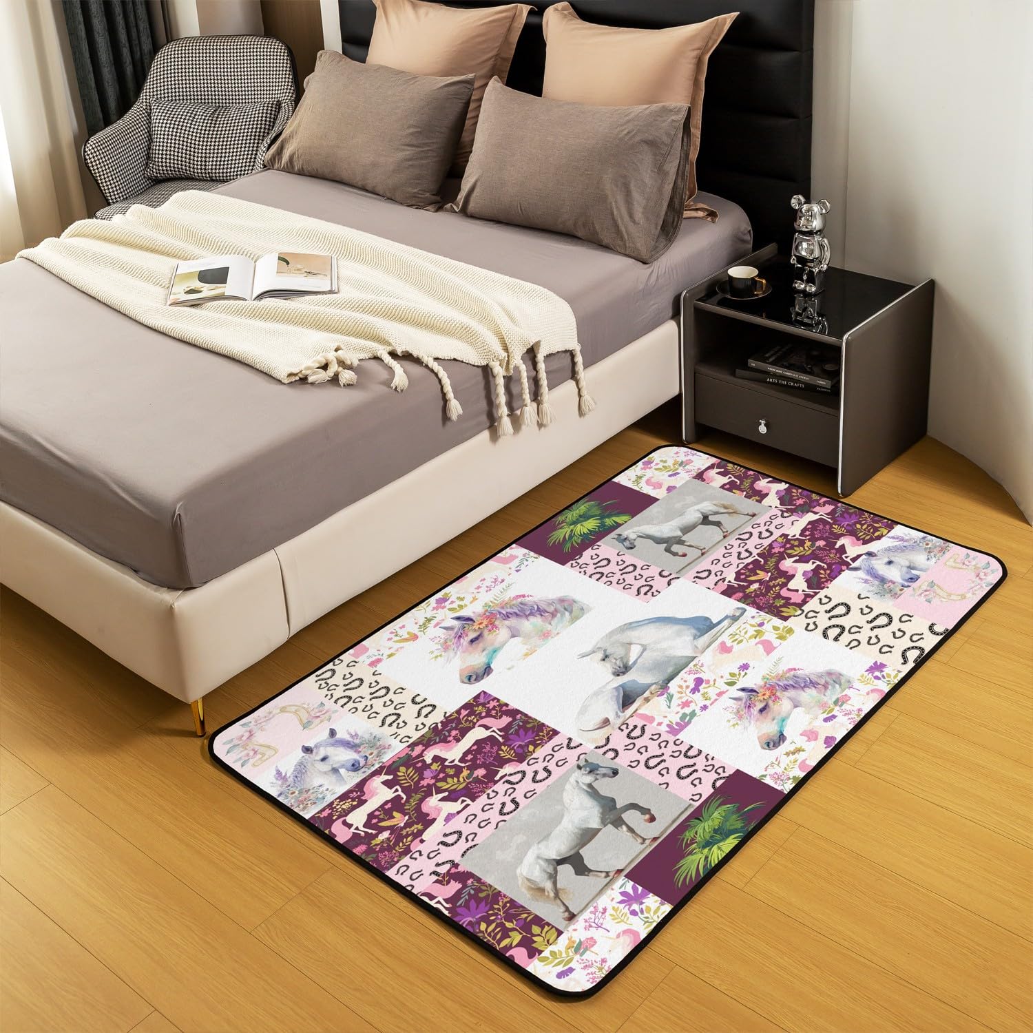 Loussiesd Alfombra decorativa con diseño de caballo, 150 x 200 cm, diseño de flores, para interiores y niñas, diseño de herradura occidental, alfombra decorativa para sala de estar