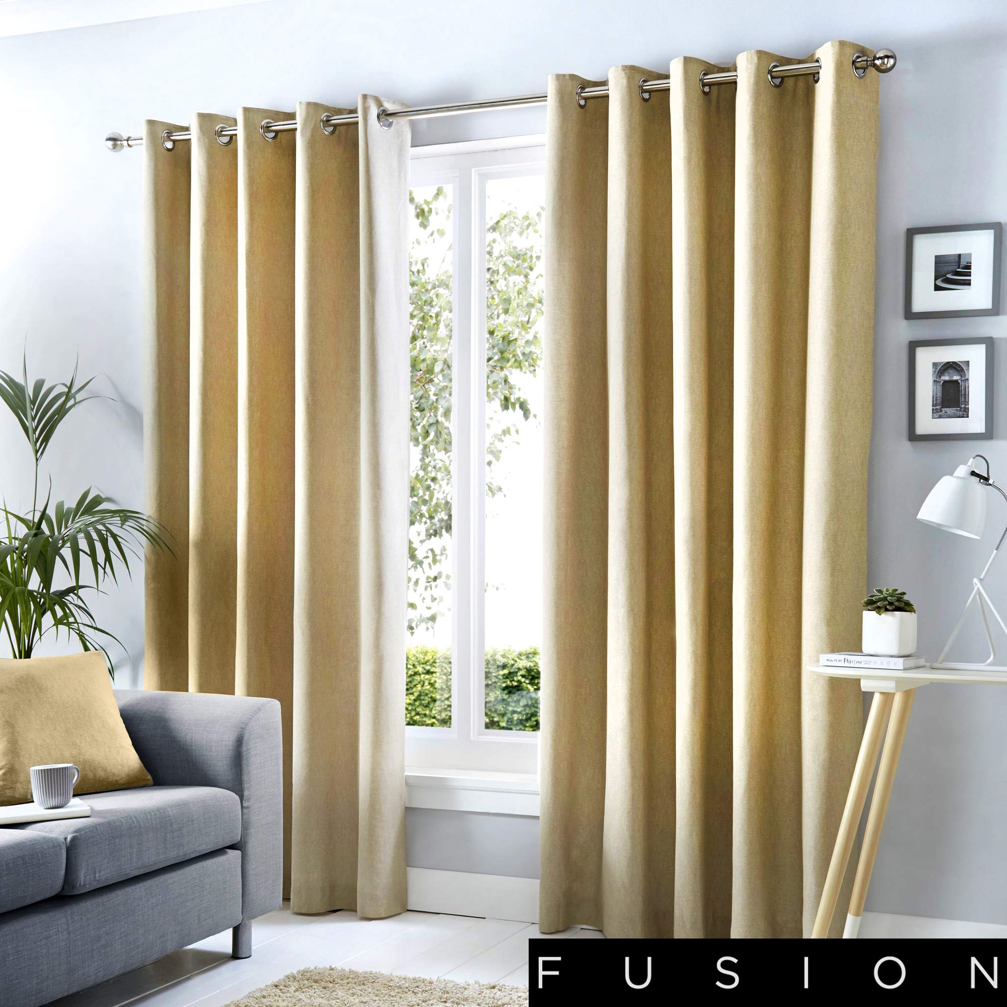 Fusion - Sorbonne - 100% Cotton Pair of Eyelet Curtains - 46" Width x 90" Drop (117 x 229cm) in Natural