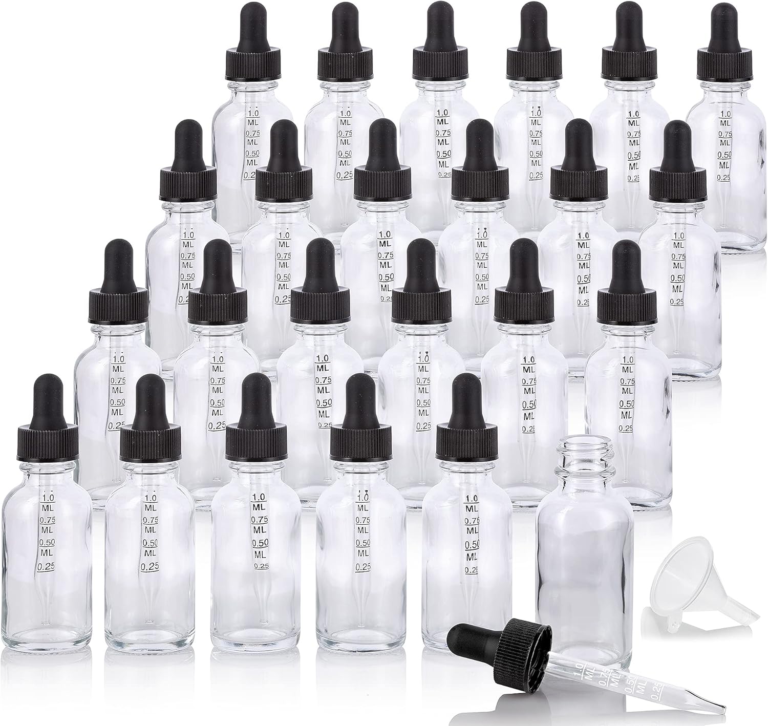 JUVITUS 1 oz Clear Glass Boston Round Bottle with Black Graduated Measurement Dropper (24 pack