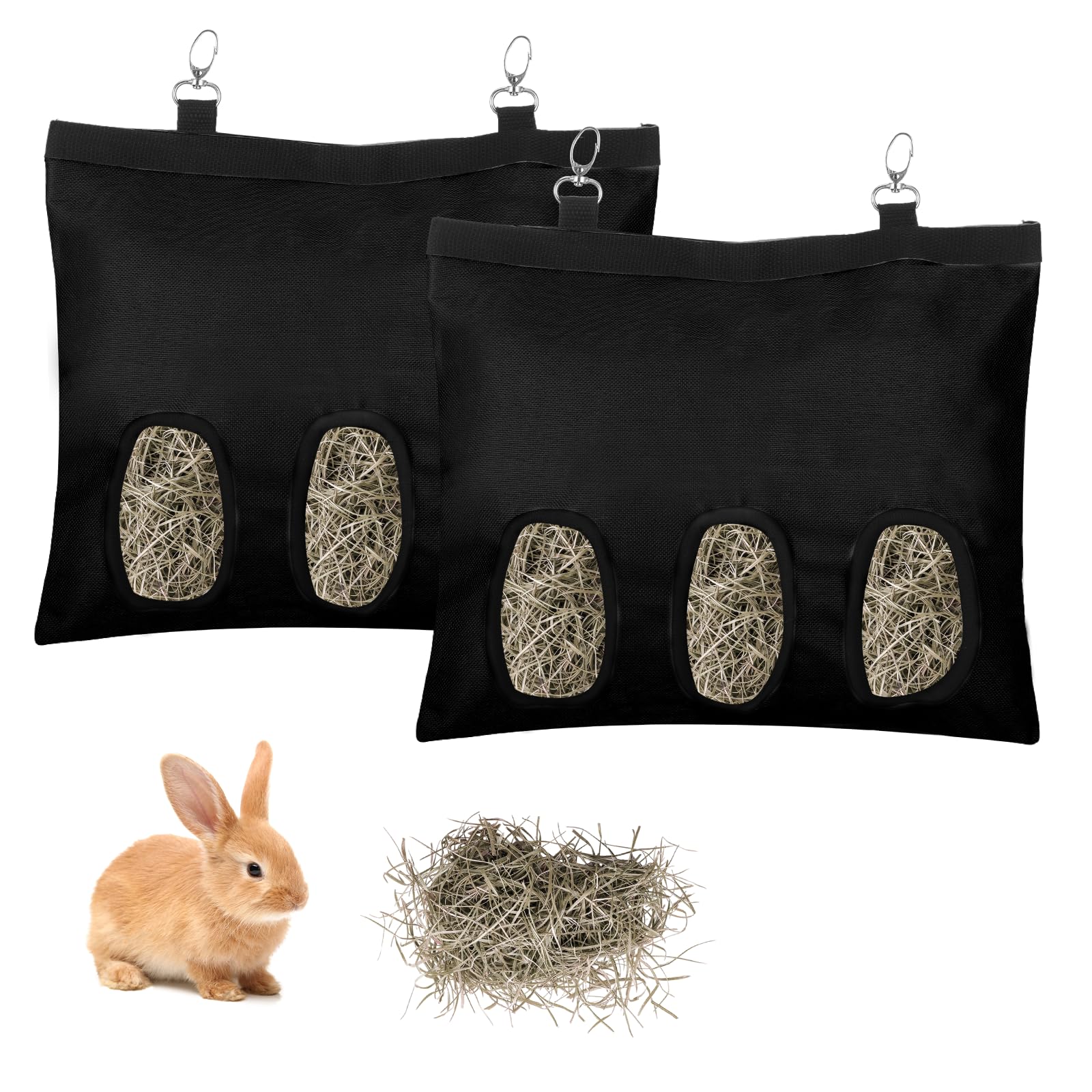 2PCS Rabbit Hay Feeder,3 Hole Hay Bag for Rabbits, Washable Hanging Small Animal Feeder for Guinea Pig Bunny Chinchillas Hamsters and Other Pets