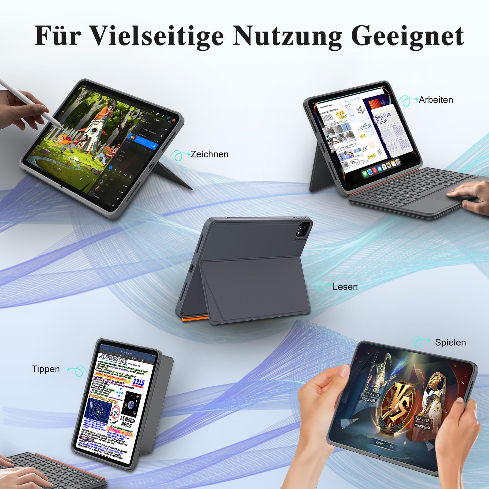 Tastatur Hülle für iPad Pro 11 Zoll (M5/M4 2025/2024), Magnetisch Abnehmbares Keyboard, Großes Trackpad, 7-Farbige Hintergrundbeleuchtung, 160° Verstellbarer Standfuß, Leicht (Dunkelgrau)