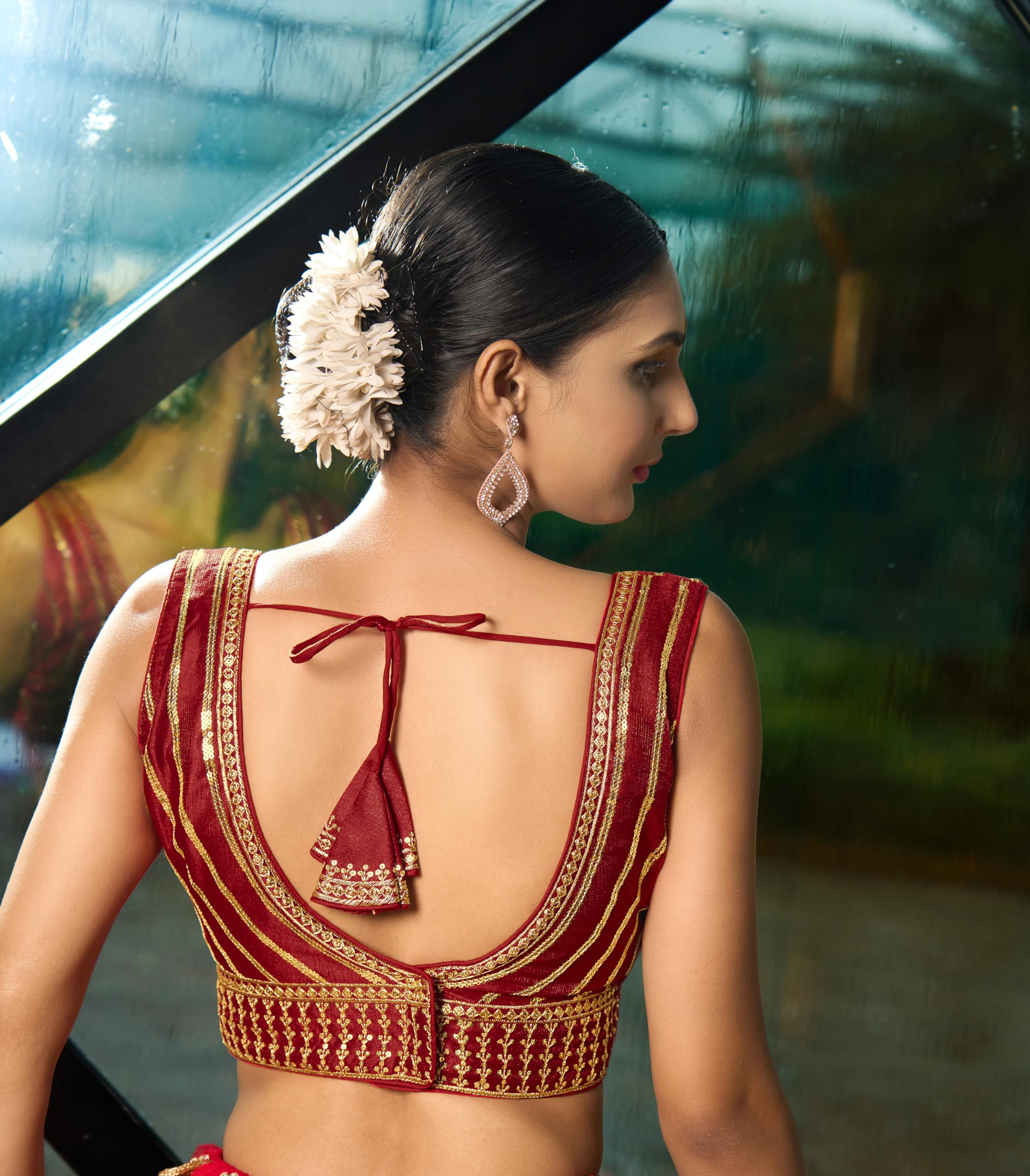 Pujia Mills Women's Readymade Blouse Embroidery Multi Coding Gold Thread Indian Ethnic Designer Stitched Readymade Saree Sleeveless Red Blouse For Women For Saree Lehenga Choli