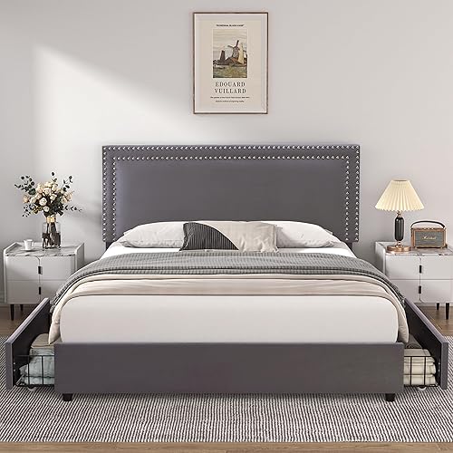 Miniatura 3 de VECELO Full Size Upholstered Platform Bed Frame with 4 Storage Drawers, Adjustable Velvet Rivets Headboard, Wooden Slats Support, No Box Spring