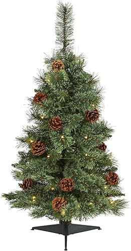 Árbol de Navidad artificial de pino blanco de montaña de 3 pies con 50 luces LED transparentes y conos de pino, color verde Árbol de Navidad artificial de pino blanco de montaña de 3 pies con 50 luces LED transparentes y conos de pino, color verde