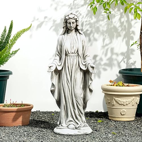 Glitzhome GH50521 - Estatua religiosa de decoración de jardín de la Virgen María, 31 pulgadas, beige antiguo