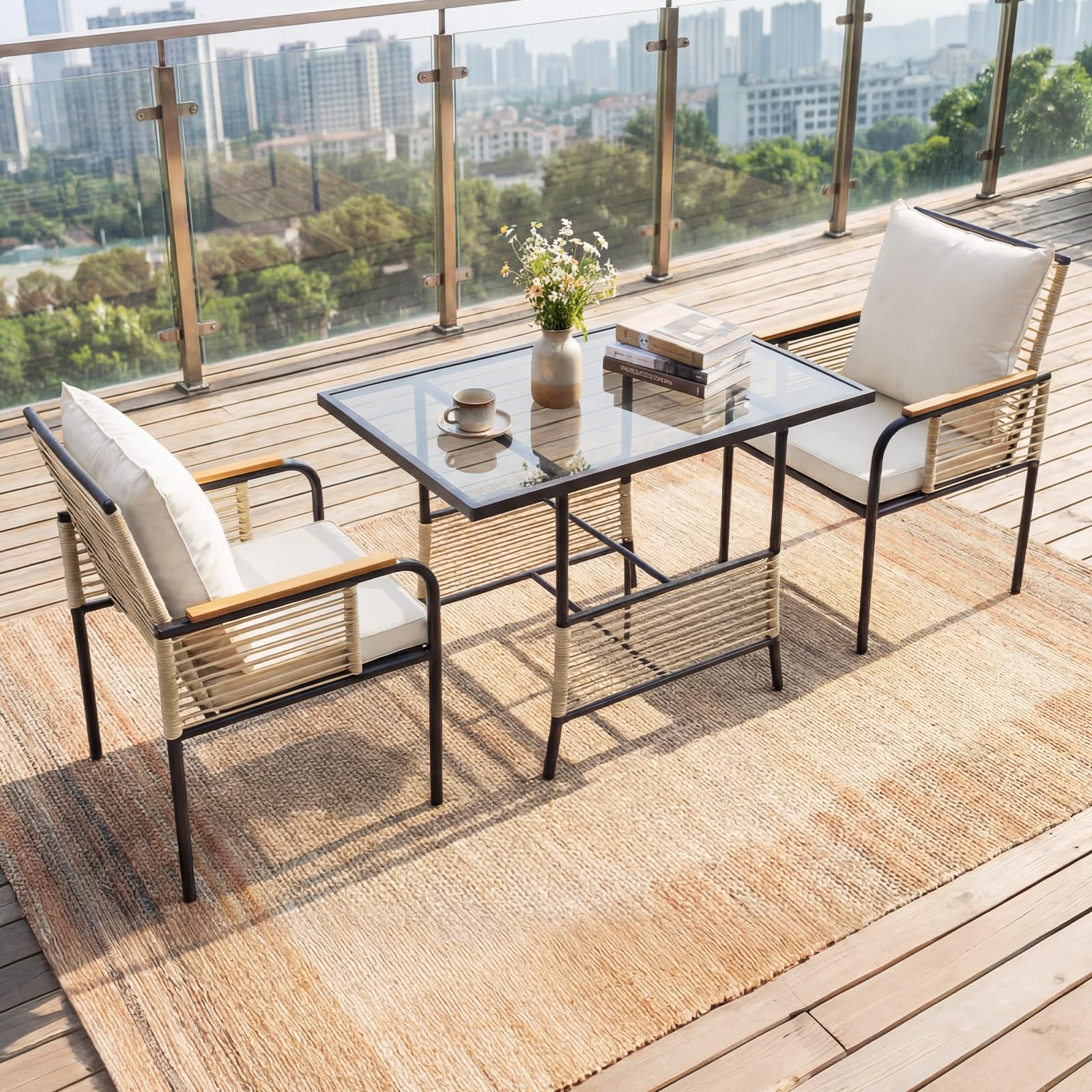COSTWAY Set Salottino da Giardino in Vimini, Set di Mobili da 3 Pezzi per Esterno Salvaspazio con Cuscini, Tavolo Rettangolare e Sedie in Rattan per Balcone, Veranda, Giardino e Cortile (Beige)