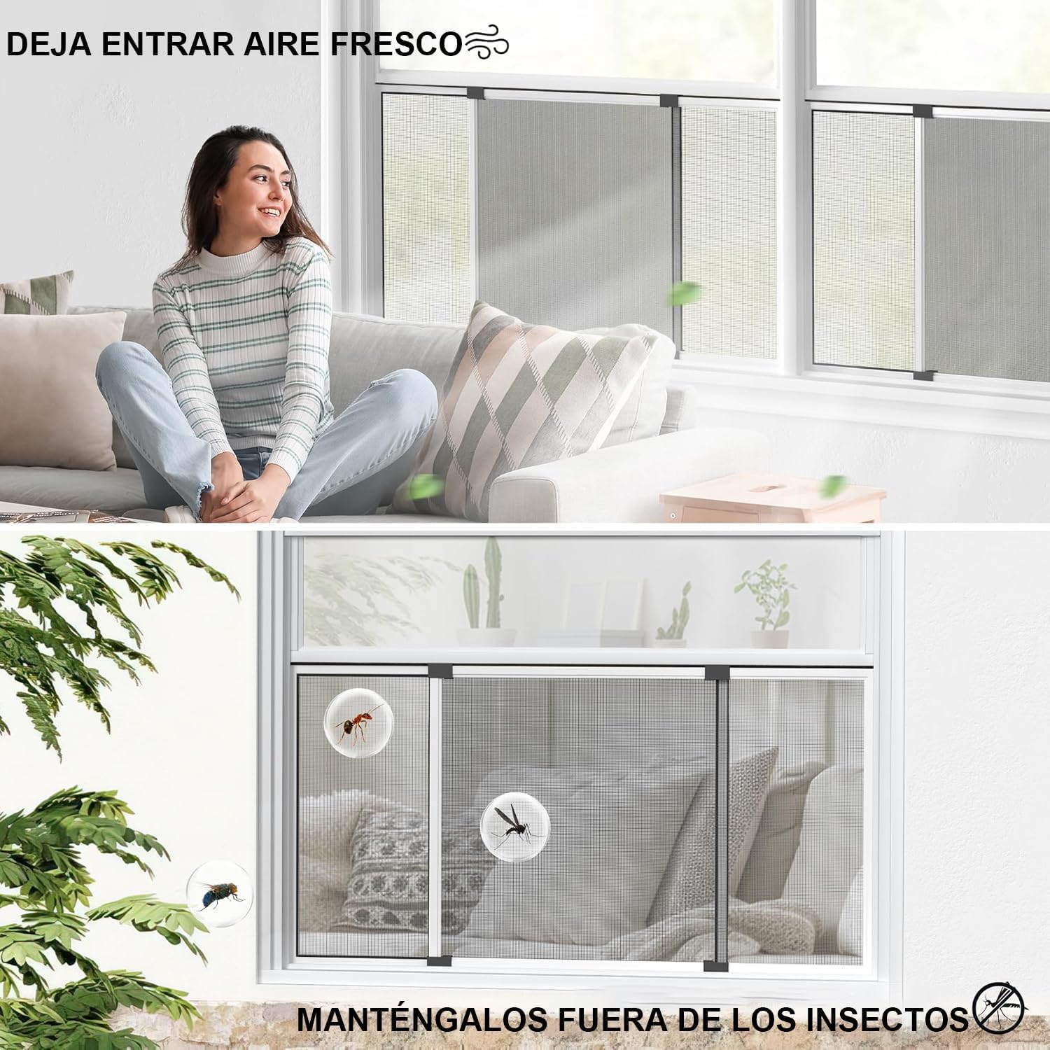 Mosquitera Extensible para Ventanas 40 x 50–92 cm, Marco de Aluminio Ajustable con Malla de Fibra de Vidrio, Protección contra Insectos, Instalación sin Taladro, Ideal para diario y verano