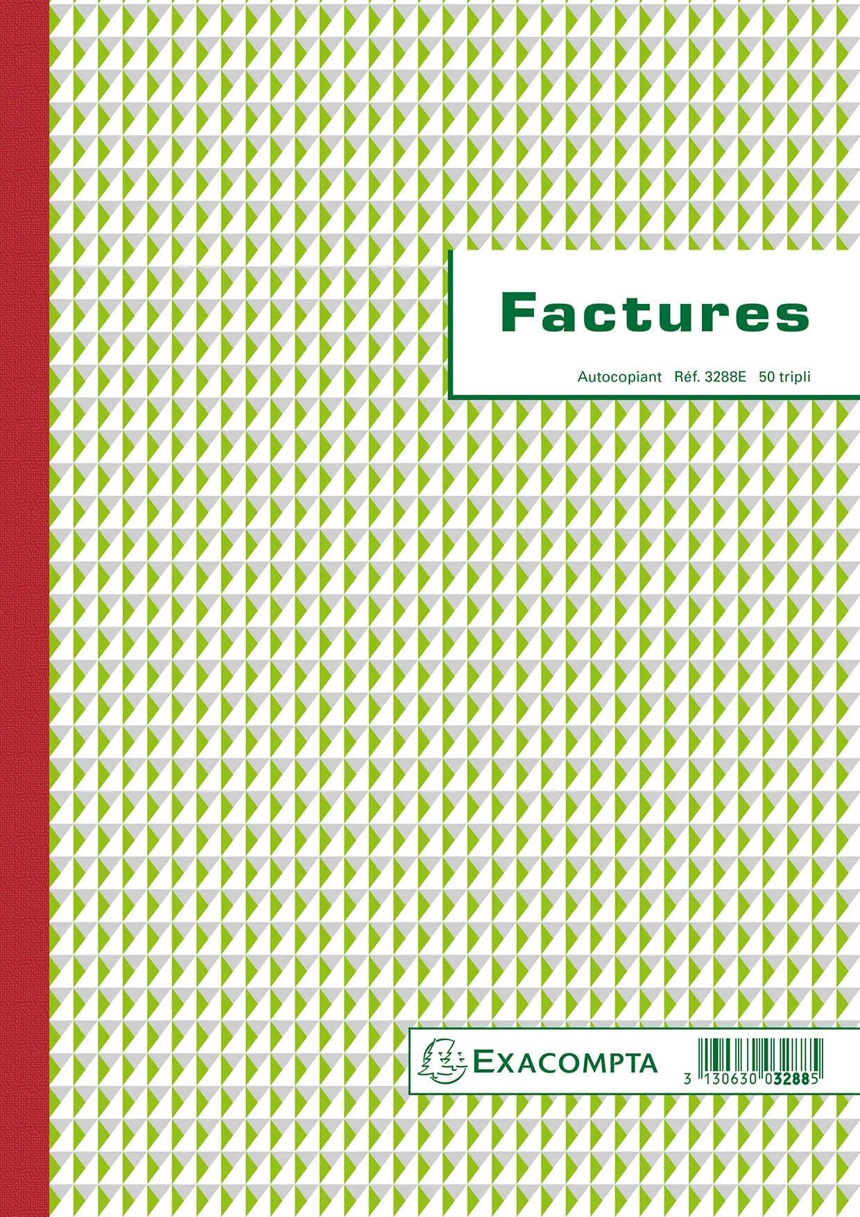 Exacompta - Réf- 3288E - Paquet de 5 manifolds FACTURES - avec mention TVA - 50 feuillets numérotés et autocopiants - triplicatas (1 original plus 2 copies) - format A4 - fabriqué en France
