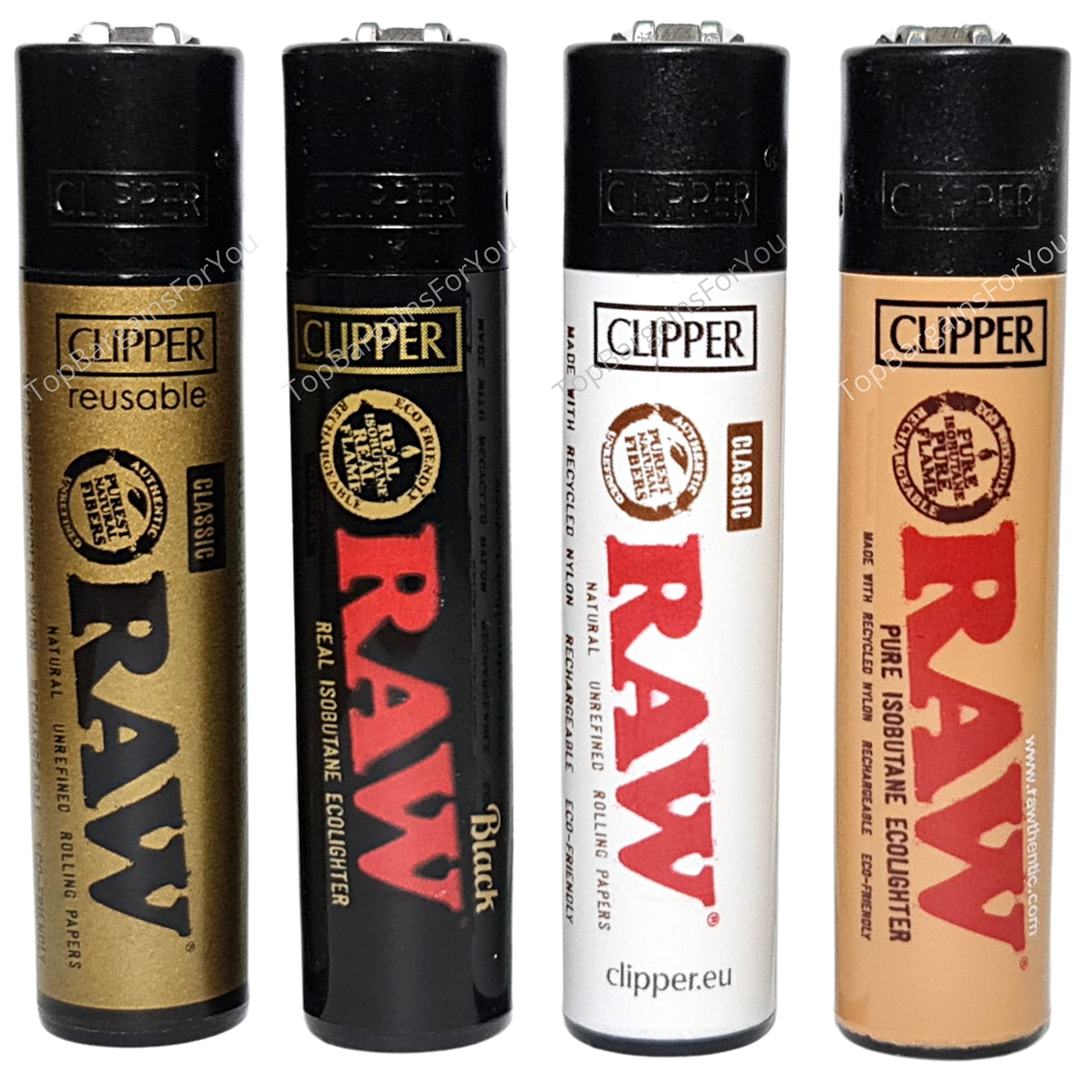 Zactly - Set of 4 Clipper Lighters, Various Assorted Designs, Regular Size Slogan Herb Leaf Weed Leaves Gas Refillable Flint Lighter (Raw Popular Designs)