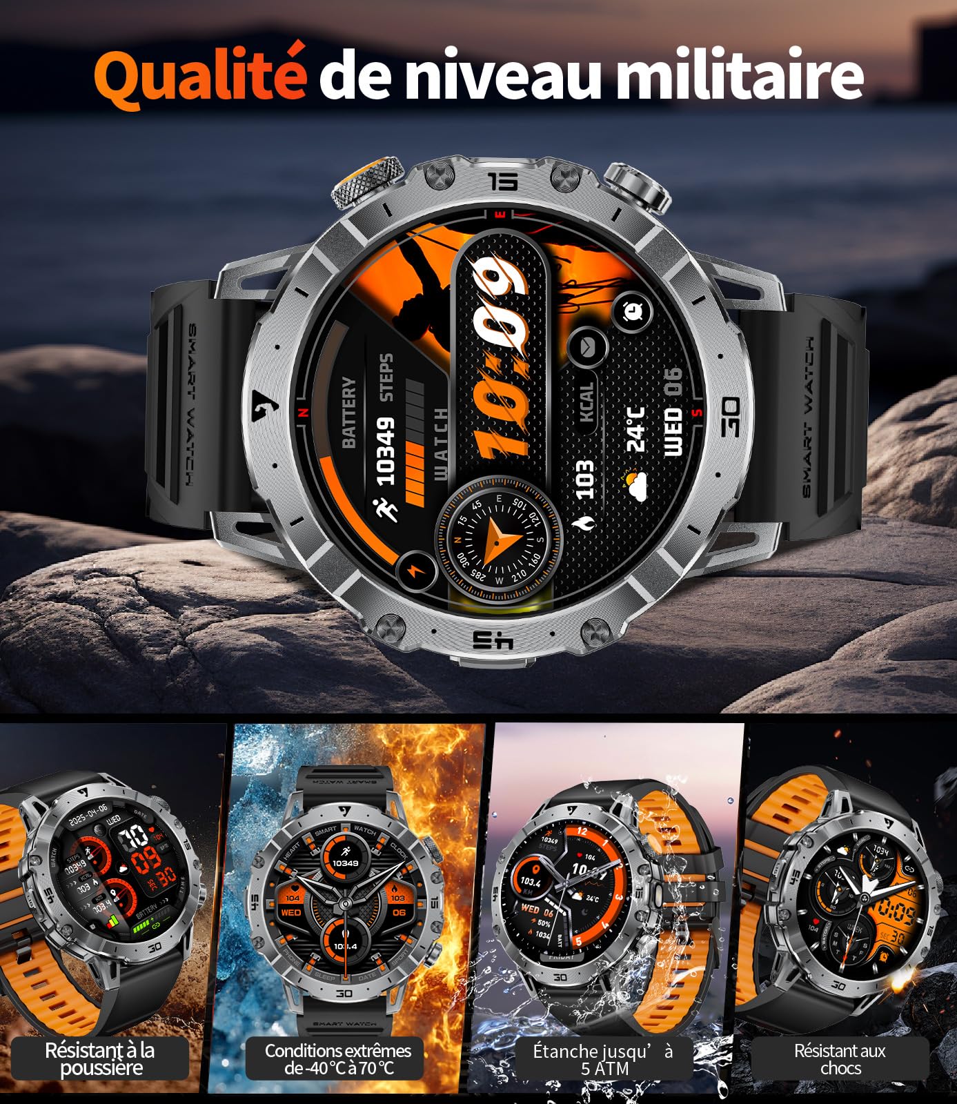Montre Connectée Homme Militaire, 1.7'' Smartwatch avec 1000mAh, 3 Bracelets + 2 Chargeurs, Appel Bluetooth, LED Lampe, 110+ Modes Sportifs/IP68, Surveillance Cardiaque/Sommeil, Android/iOS EF18-A