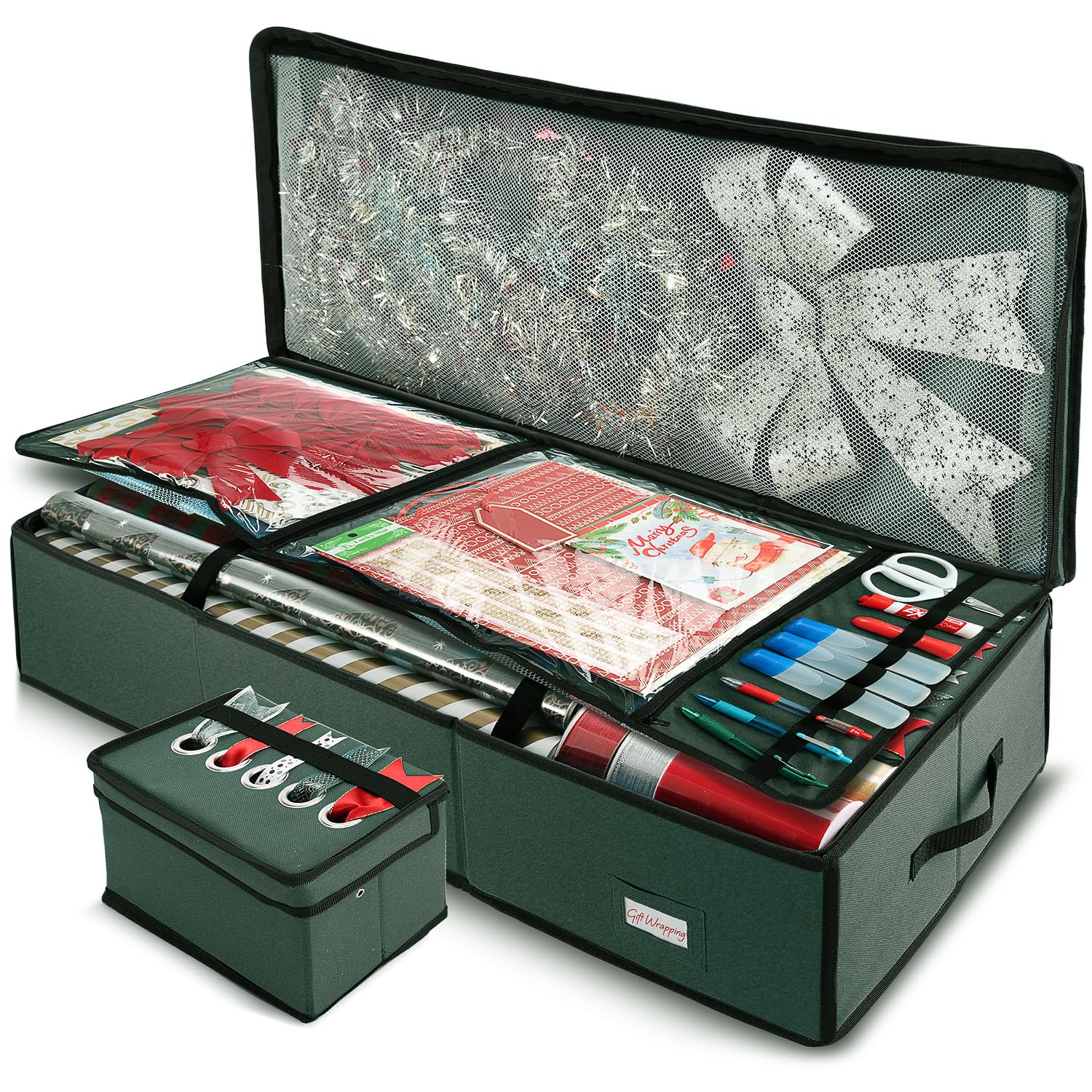Hearth & Harbor Green Wrapping Paper Storage Container With Ribbon Storage Organizer - Christmas Storage Bag With Extra Interior Pockets - Gift Wrapping Organizer Storage Fits Up To 26 Rolls Of 40" Length