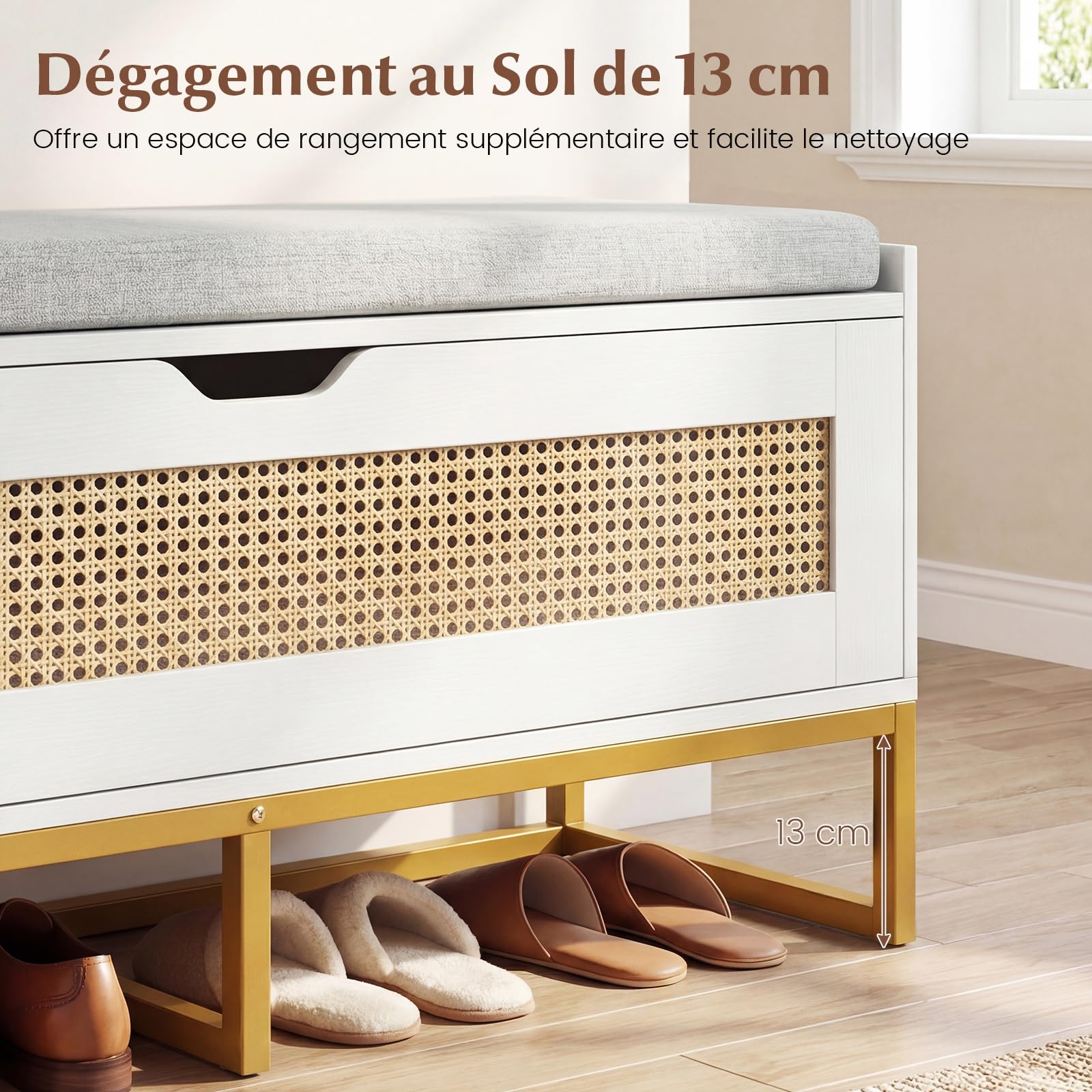 COSTWAY Banc de Rangement en Rotin 100 cm, Banc Chaussures Entrée, Coussin Rembourrée, Couvercle Abattant, Banquette Coffre pour Entrée Salon Chambre, Charge 200 kg, 100 x 35 x 44 cm (Blanc)