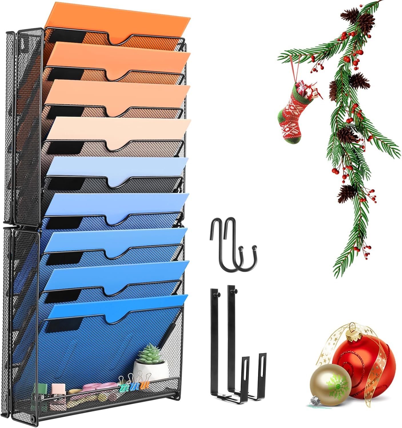 Wall File Organizer, 10 Pockets Mesh Hanging File Organizer, Wall Mount File Paper Folder Holder With Hooks, Wall Organizer Magazine Document Mail for Office School, Black
