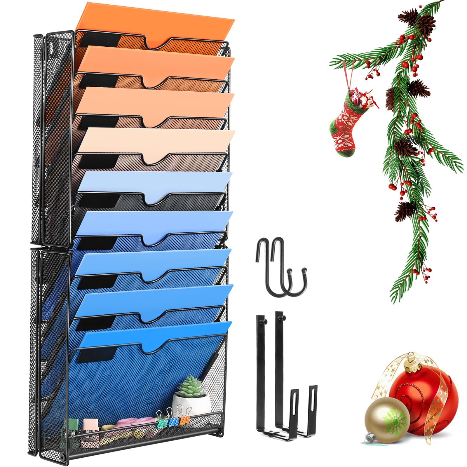 lemonsea Wall File Organizer, 10 Pockets Mesh Hanging File Organizer, Wall Mount File Paper Folder Holder With Hooks, Wall Organizer Magazine Document Mail for Office School, Black