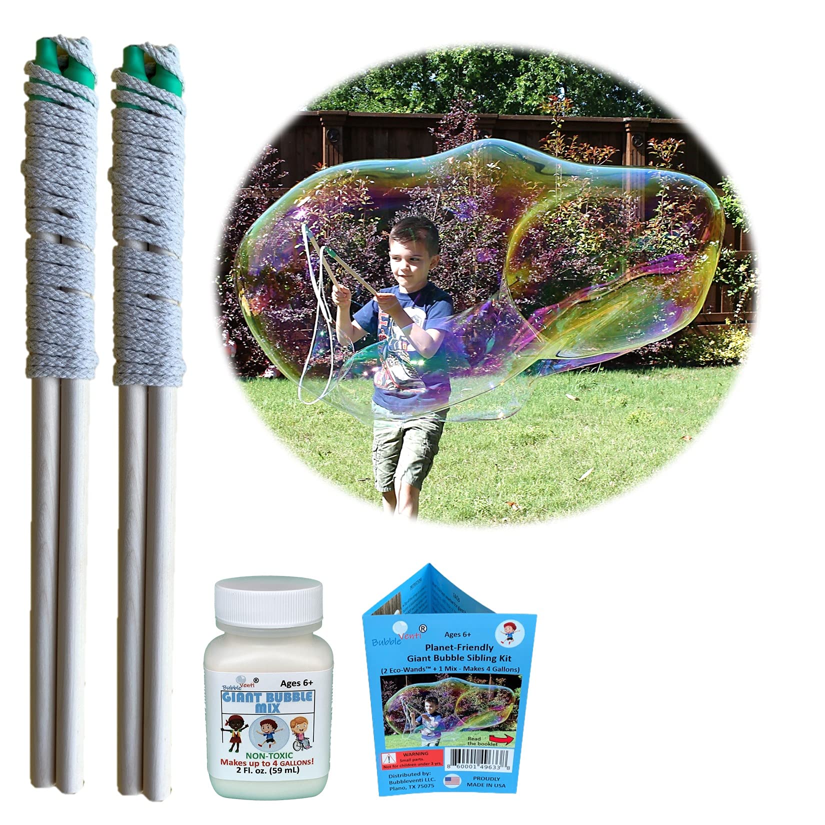 BubbleventiGiant Bubble Kit | Made in USA | Includes 2 Pairs of Wooden Wands, a Tips and Tricks Booklet, and 1 Bubble Mix - Makes 4 Gallons of Big Bubble Solution for Birthdays and Fun