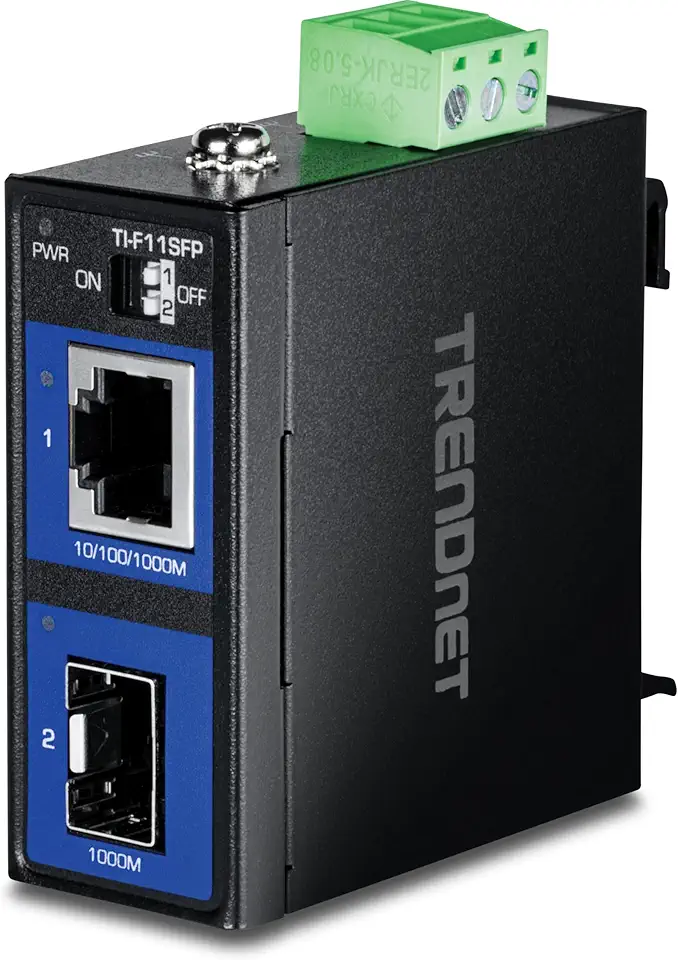 TRENDnet Conversor de mídia industrial endurecido 100/1000 Base-T para SFP, montagem em trilho DIN / parede, fibra de modo multi ou único, fonte de alimentação vendida separadamente, TI-F11SFP, preto, Gigabit