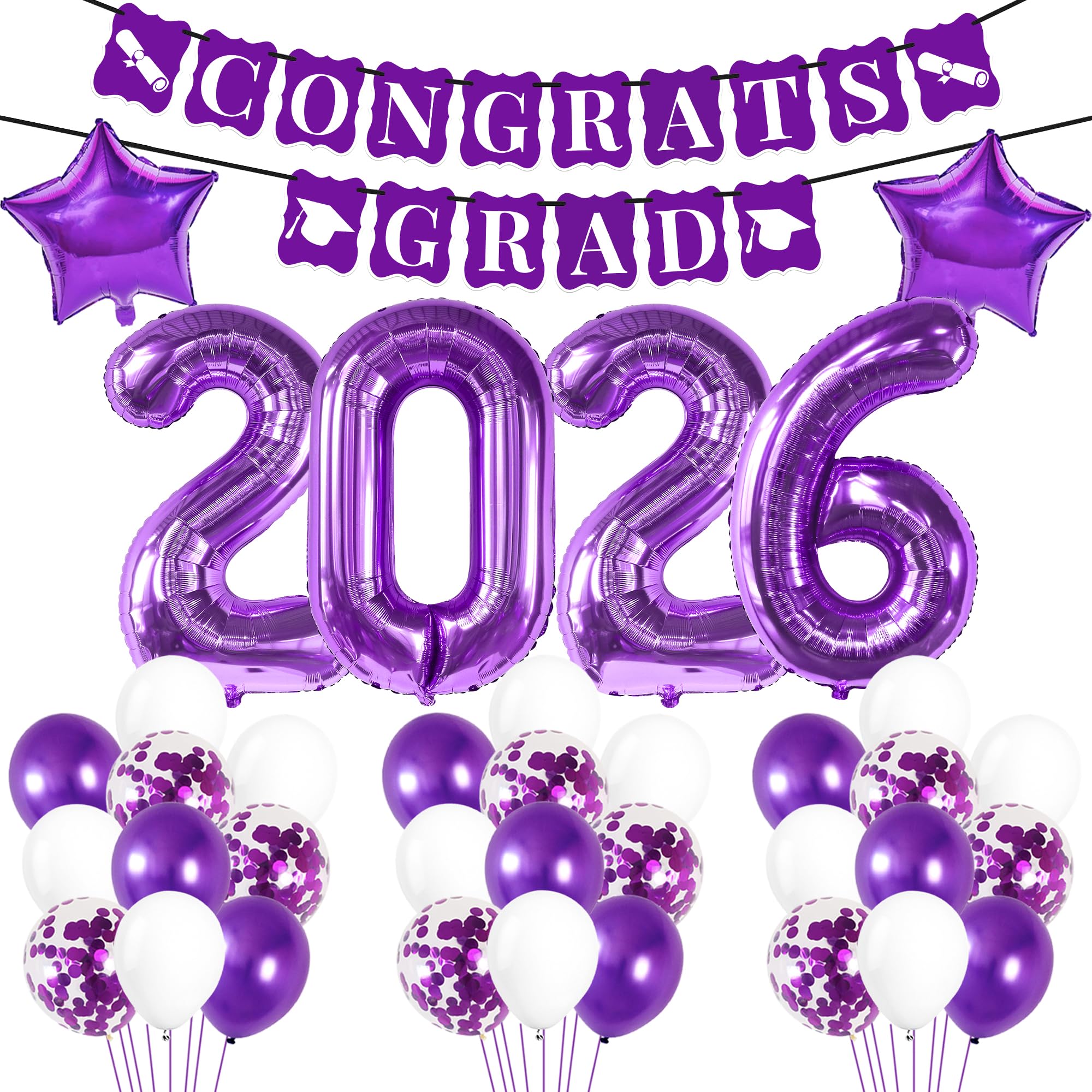 KatchOn, Purple Graduation Decorations 2026 - Pack of 31 | 40 Inch, Purple 2026 Balloons, Congrats Grad Banner for Graduation Decorations Class of