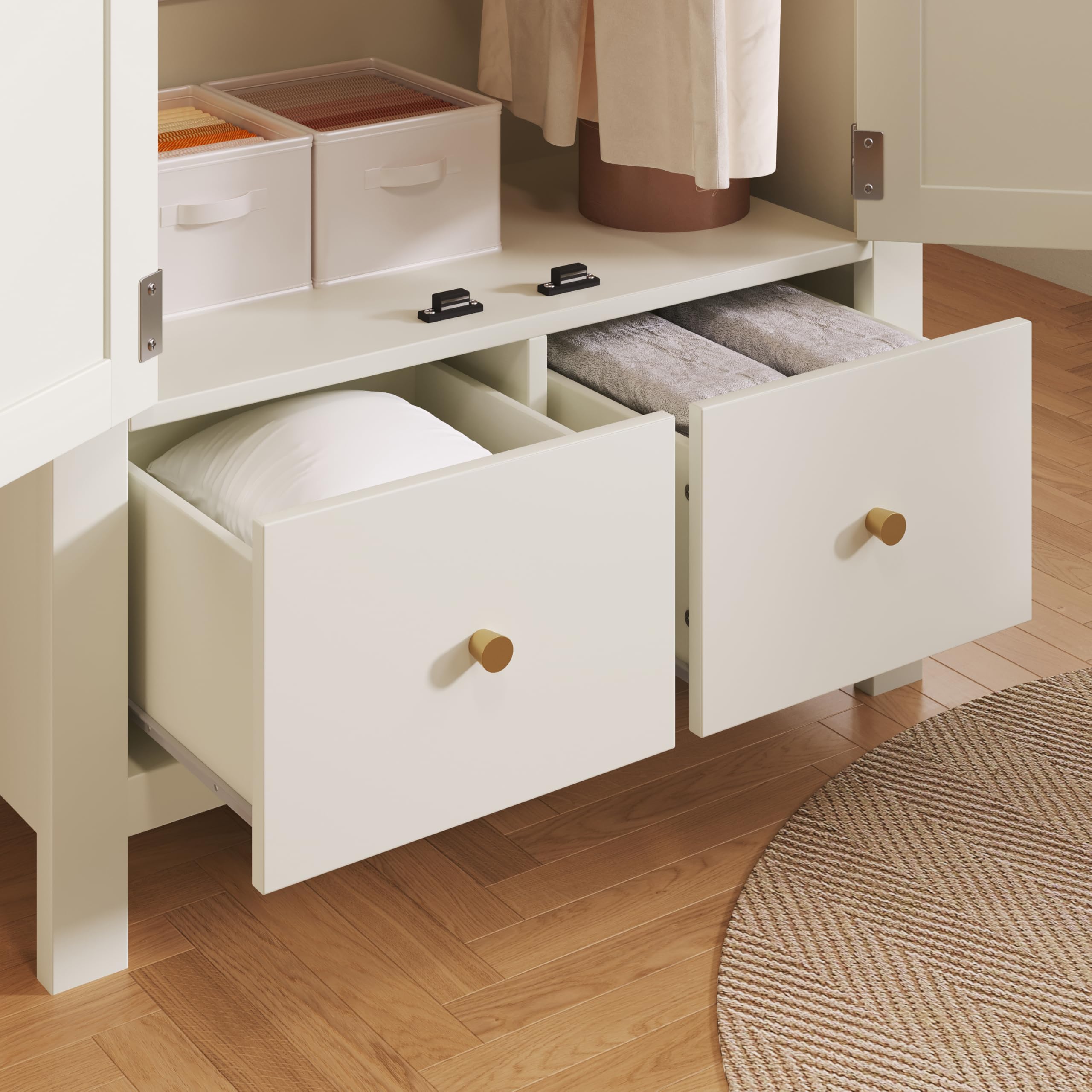 Armoire en rotin tressé blanc 181 x 78 x 45 cm avec étagère semi-ronde ouverte, 2 portes, fermeture magnétique, 2 tringles à vêtements et fonction anti-basculement