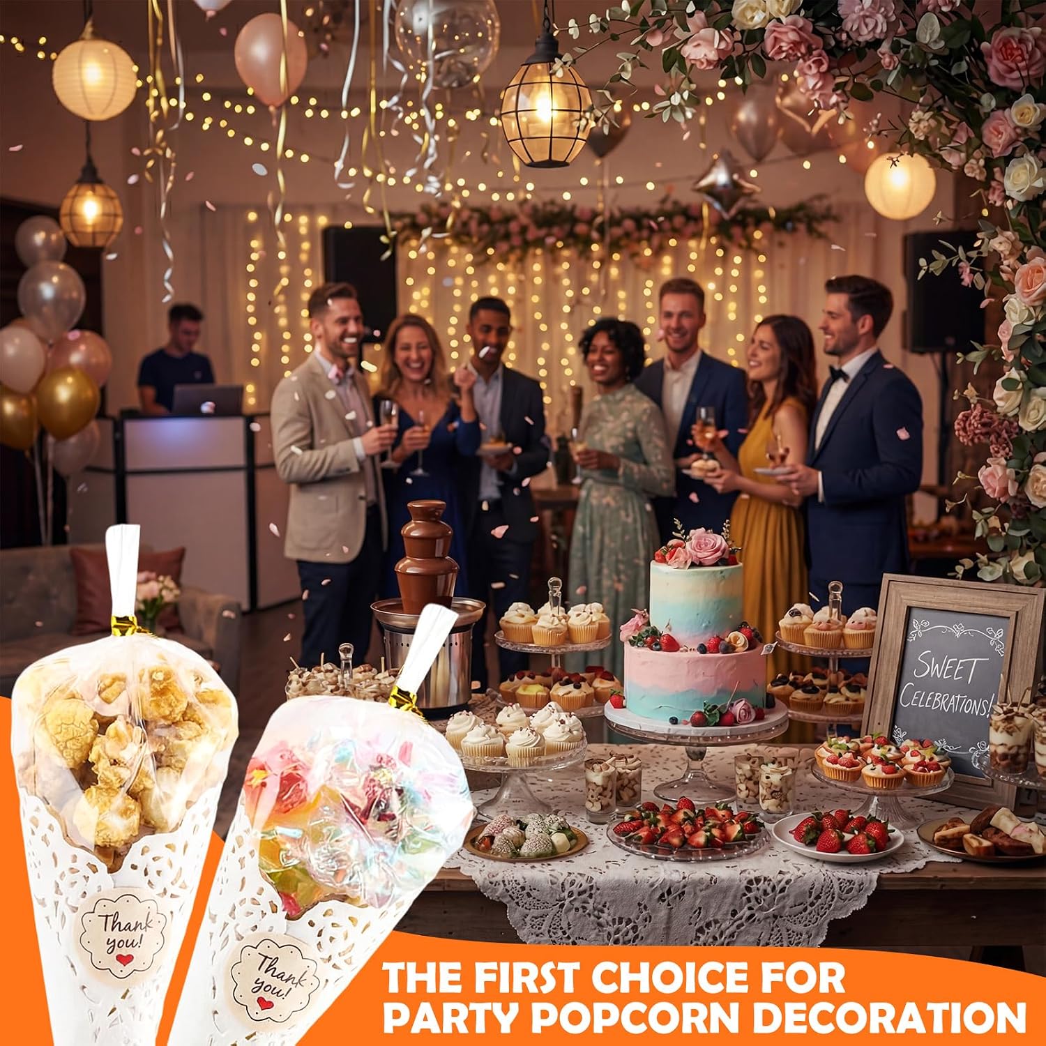 LemonRoad 100 Pcs Popcorn Cones Bags Set 5 x 10 Inch Cone Shaped Cellophane Treat Bags with 6.5 Inch White Lace Paper Doilies and Thank You Stickers for Wedding Party Candy Popcorn Snack Wraps
