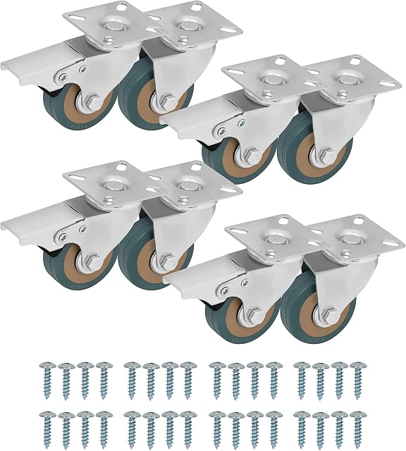 Kurtzy Heavy Duty Swivel Castor Furniture Wheels (8 Pack) - 50mm Casters with Rubber Wheels, Screws, Locking Wheel Brakes and Metal Plates - For Trolleys, Industrial Use and Moving Furniture