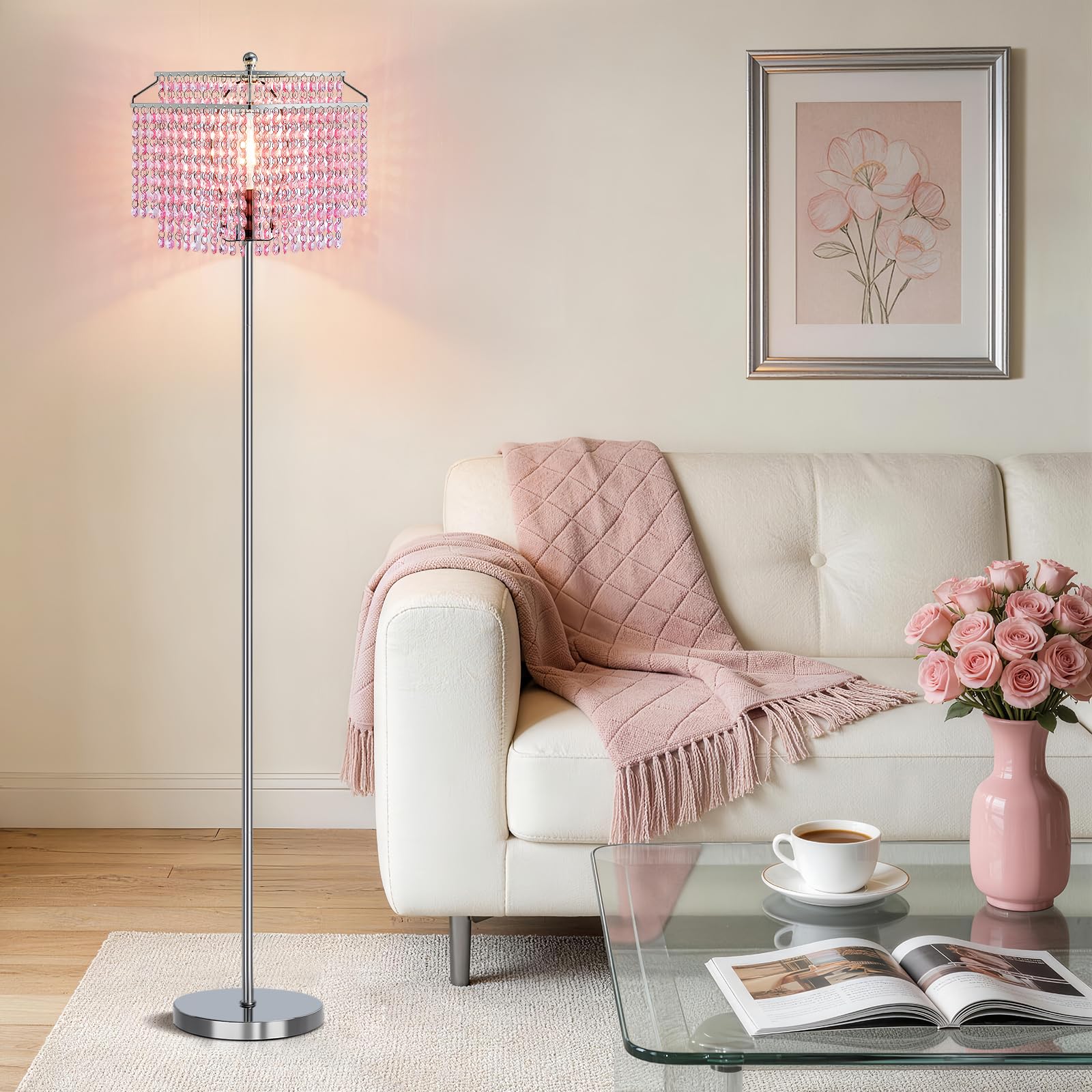 GyroVu Crystal Floor lamp,Modern Standing Lamp with On-Off Foot Switch,Tall Pole Floor Lamp with Double-Layer Lampshade for Living Room Bedroom Office(Bulb Included)