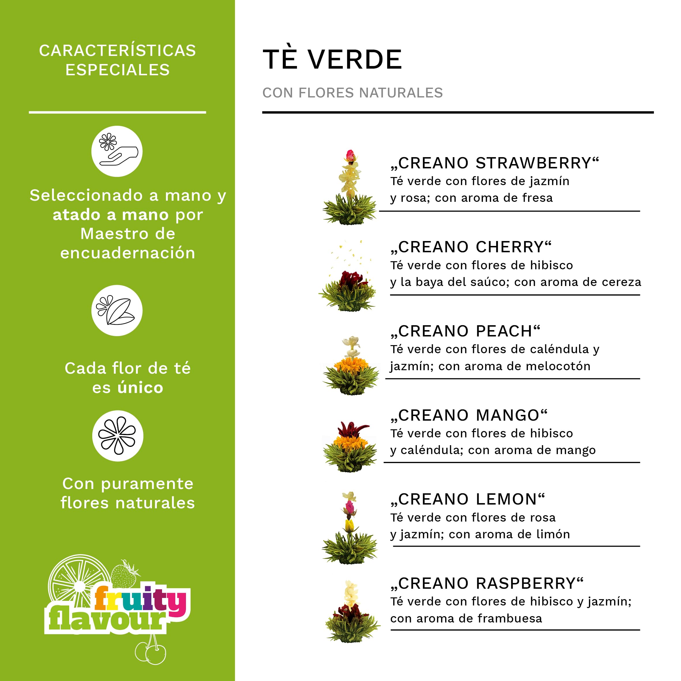 Creano Flores de Té Verde Cofre de Degustación 6 uds – Mezcla de Té Verde Frutal Aromatizado